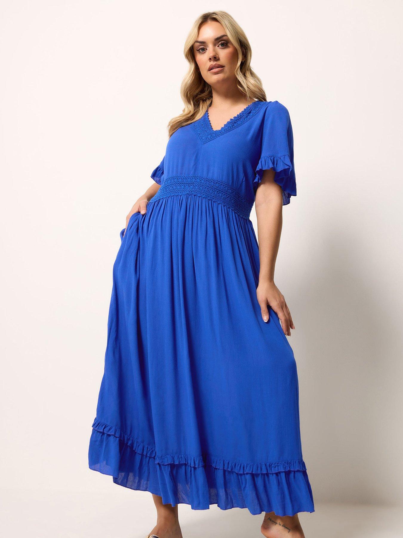 Image 1 of 4 of Yours Curve Crochet V Maxi Dress - Blue