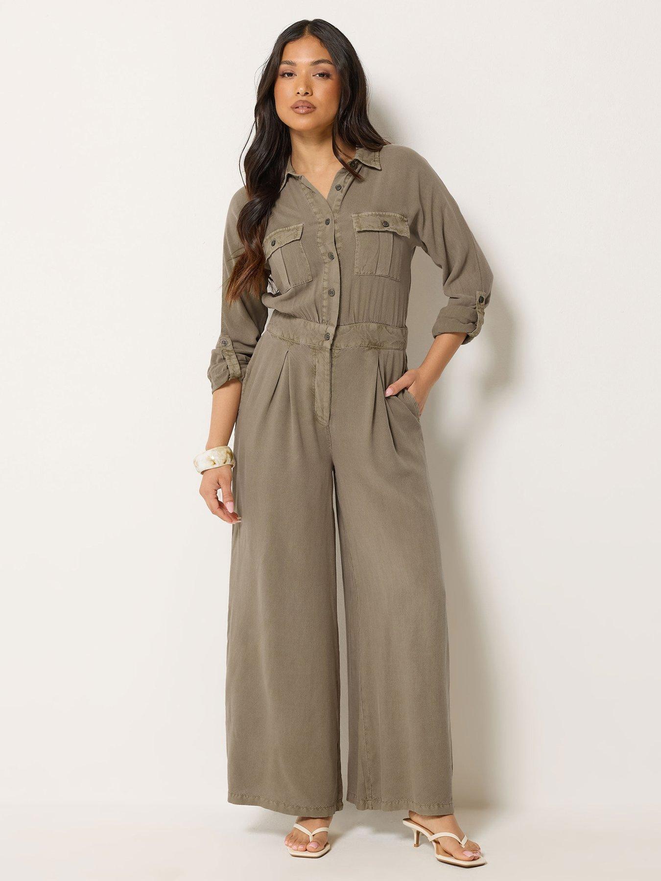 Image 1 of 3 of PixieGirl Petite Acid Wash Wide Leg Jumpsuit - Brown