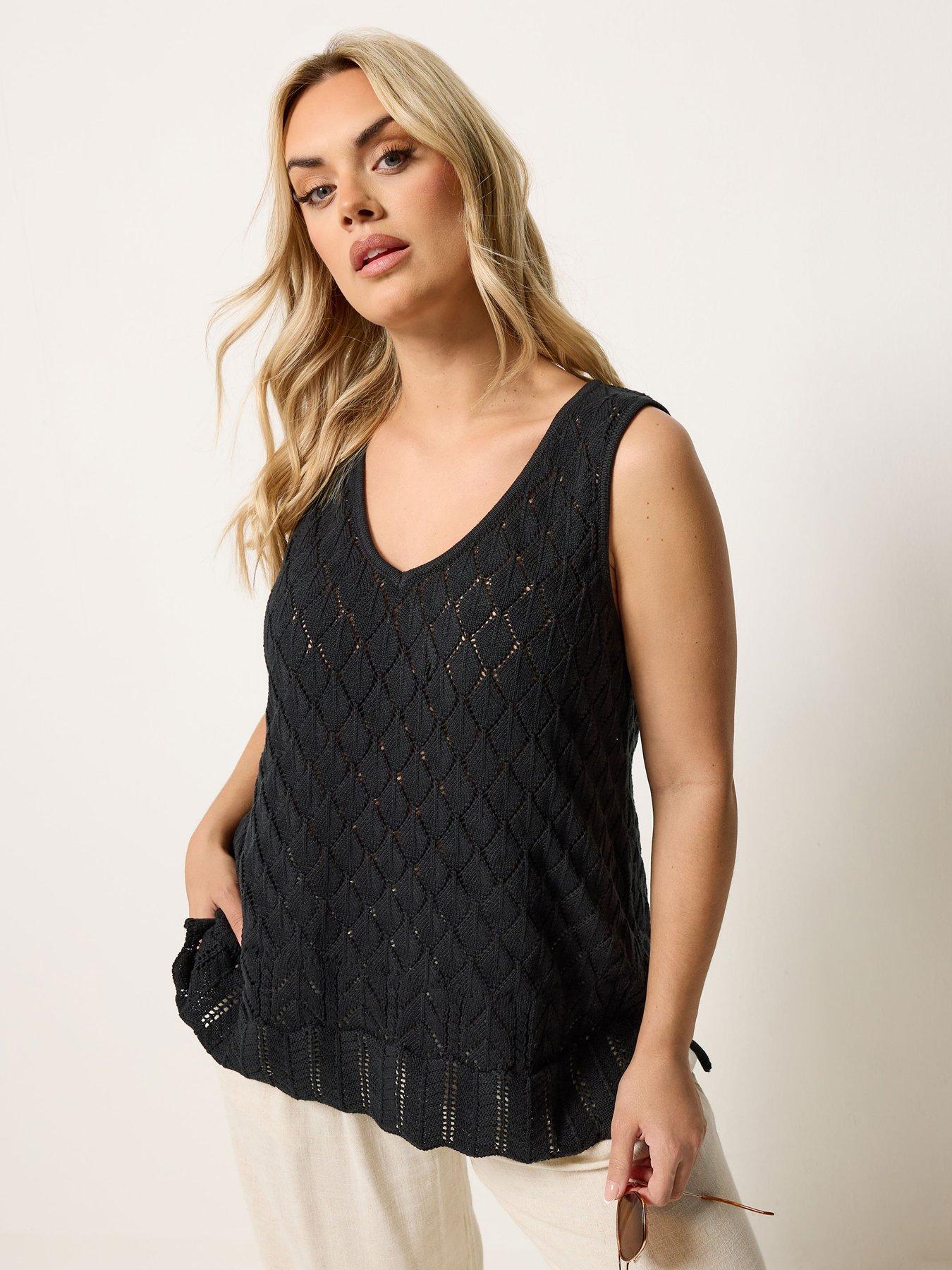 Yours Curve Pointelle Knitted Vest Top - Black