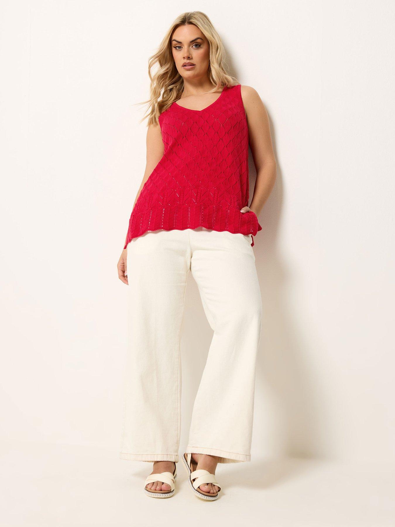 Image 3 of 4 of Yours Curve Pointelle Knitted Vest Top - Red