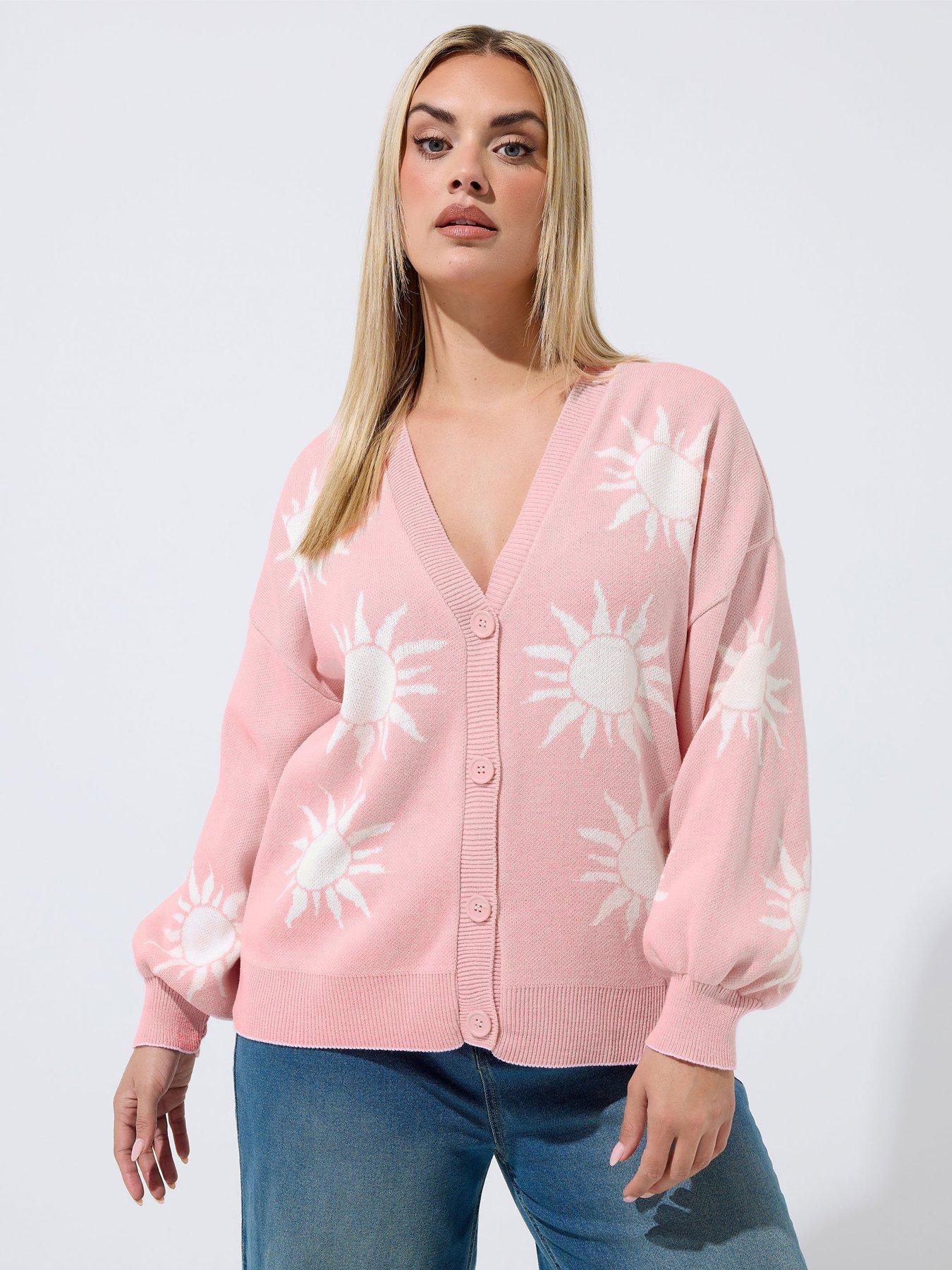 Image 1 of 4 of Yours Curve Sun Print Balloon Sleeve Cardigan - Pink