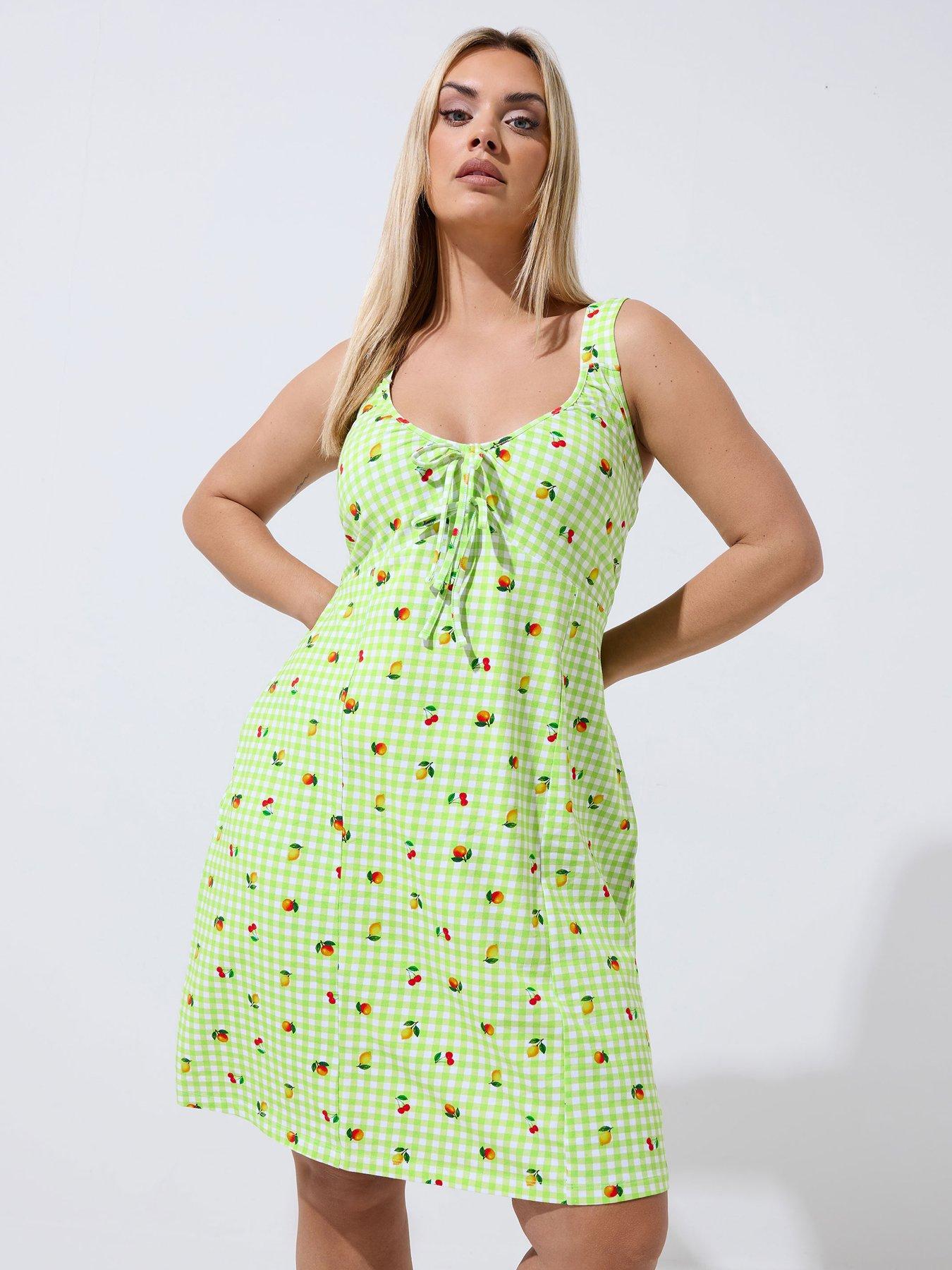 Yours Curve Gingham Fruit Print Mini Dress - Green
