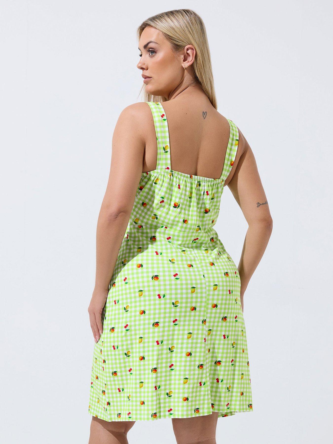 yours-curve-gingham-fruit-print-mini-dress-greenstillFront