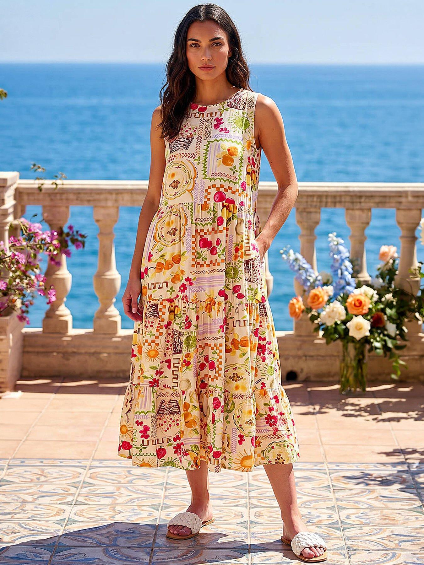 Roman Fruit Print Tiered Midi Dress