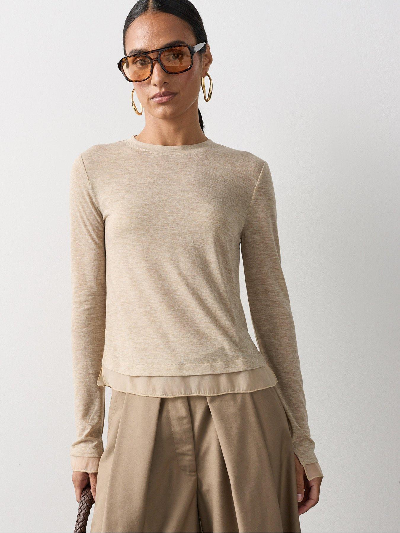 Image 1 of 7 of Michelle Keegan Slub Crew Neck Top - Beige