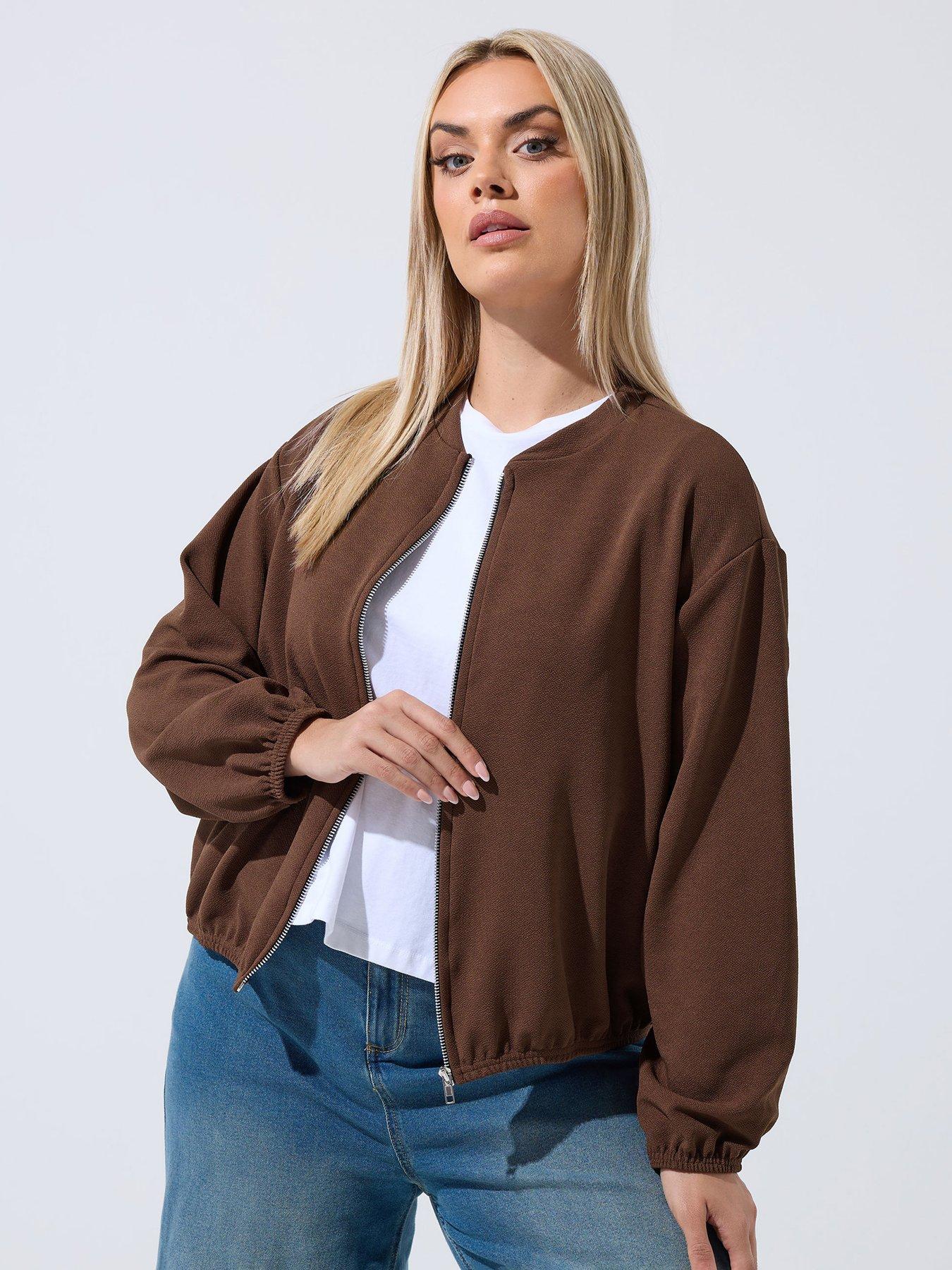 Image 1 of 6 of Yours Curve Zip Bomber Jacket - Brown