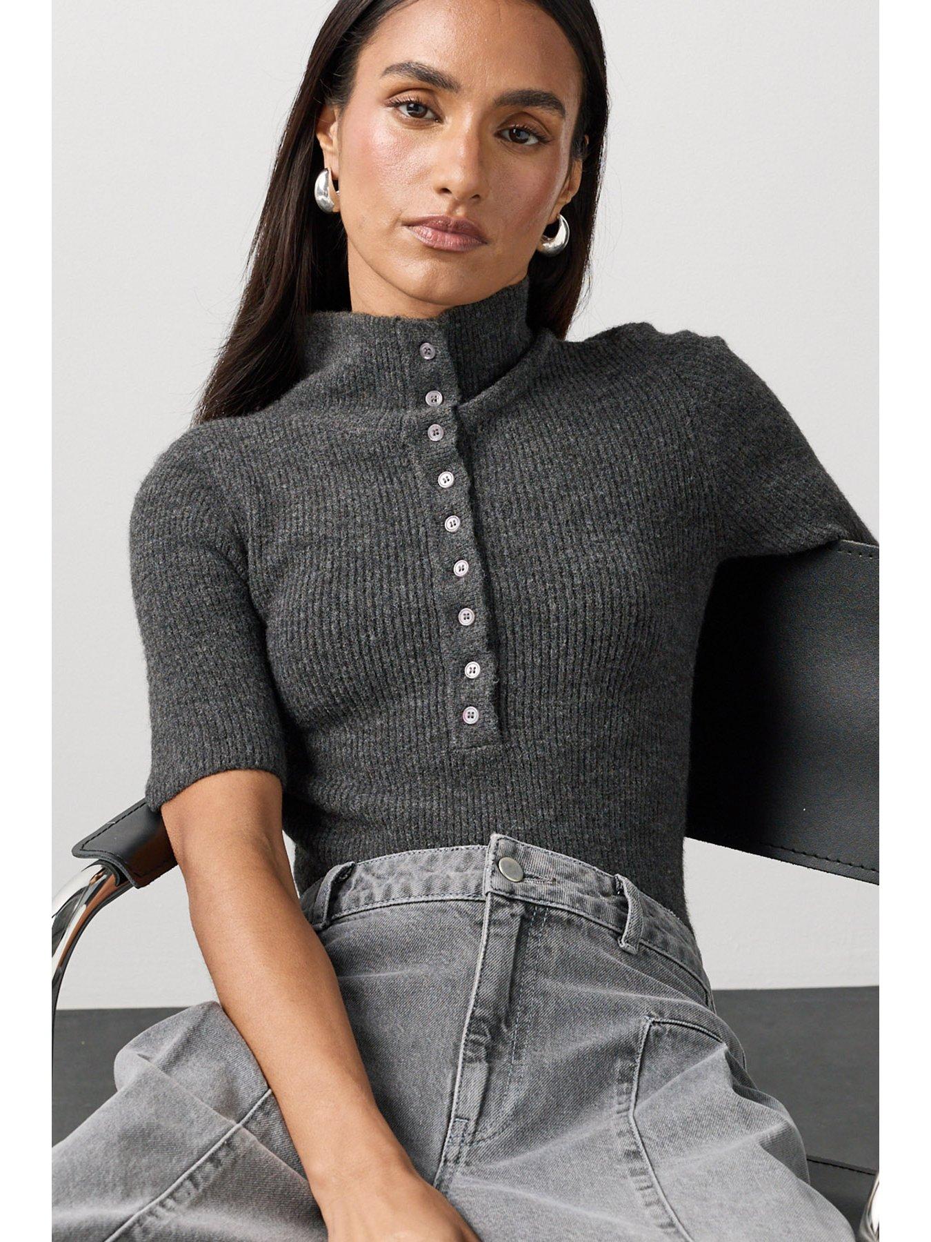 Image 1 of 7 of Michelle Keegan Funnel Neck Knitted Top - Grey