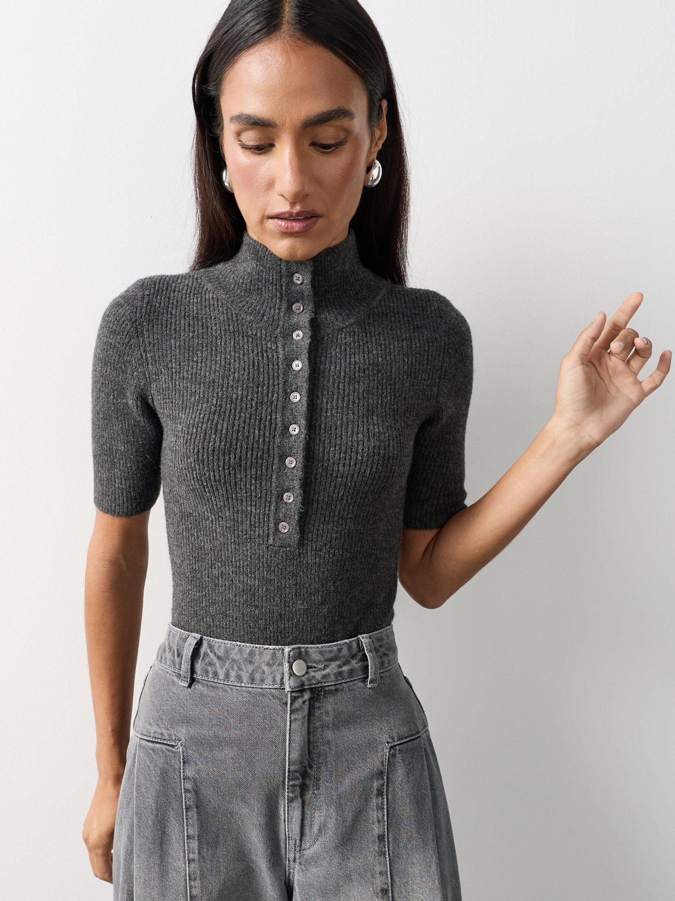 Image 6 of 7 of Michelle Keegan Funnel Neck Knitted Top - Grey