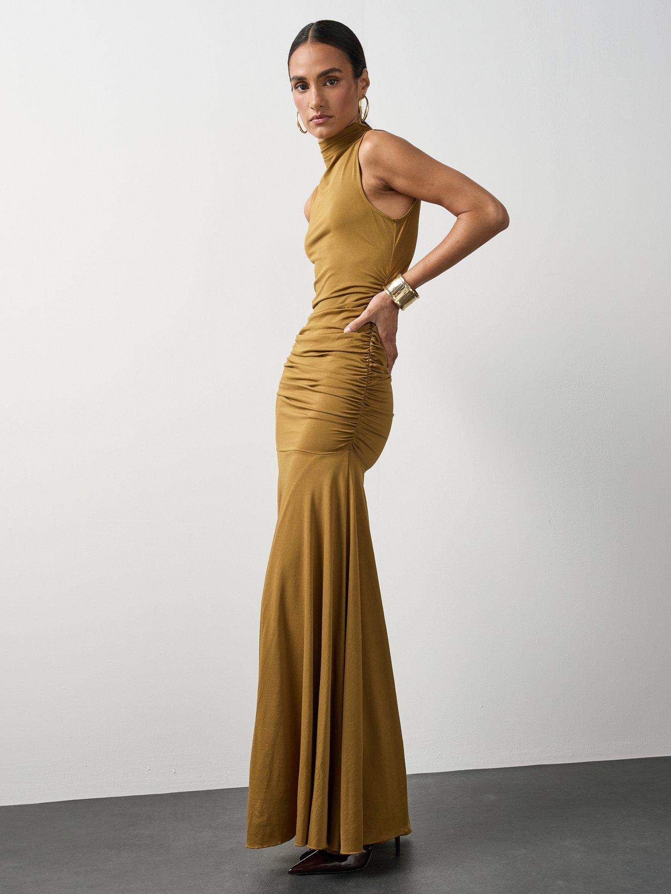 Image 6 of 7 of Michelle Keegan Dropped Waist Ruched Maxi Dress - Tobacco