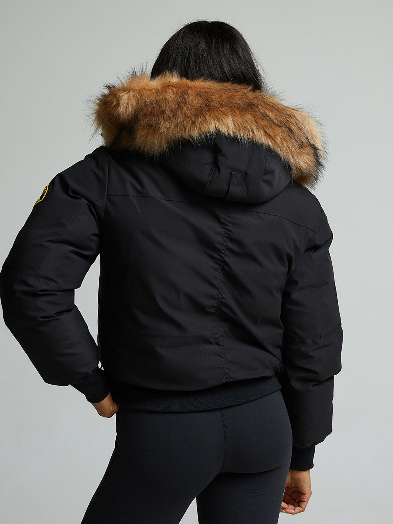 Image 2 of 7 of Zavetti Canada Womens Hooded Faux-Fur Trim Padded Bomber Jacket - Black