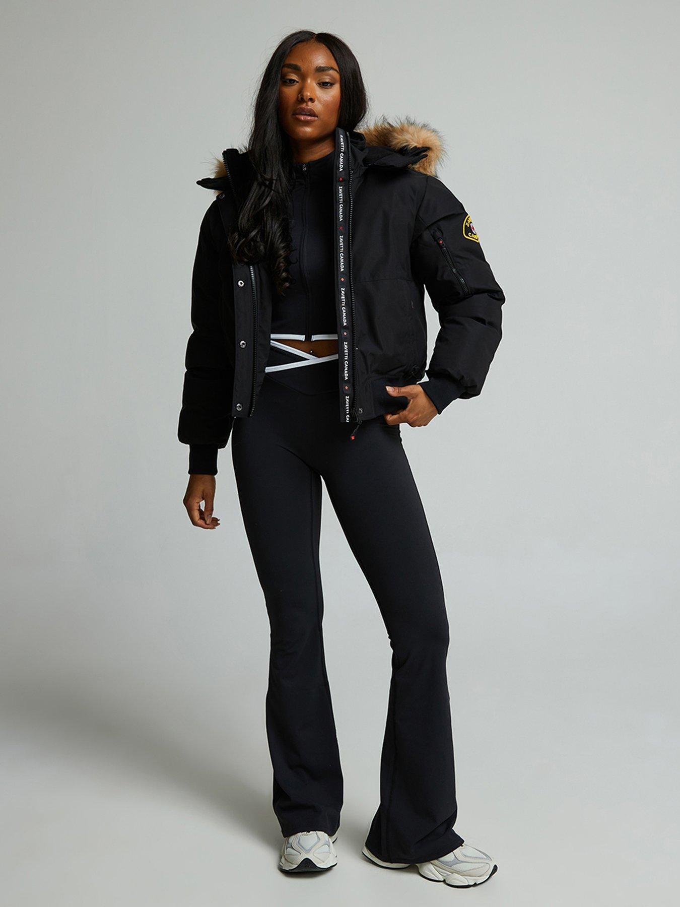 Image 3 of 7 of Zavetti Canada Womens Hooded Faux-Fur Trim Padded Bomber Jacket - Black