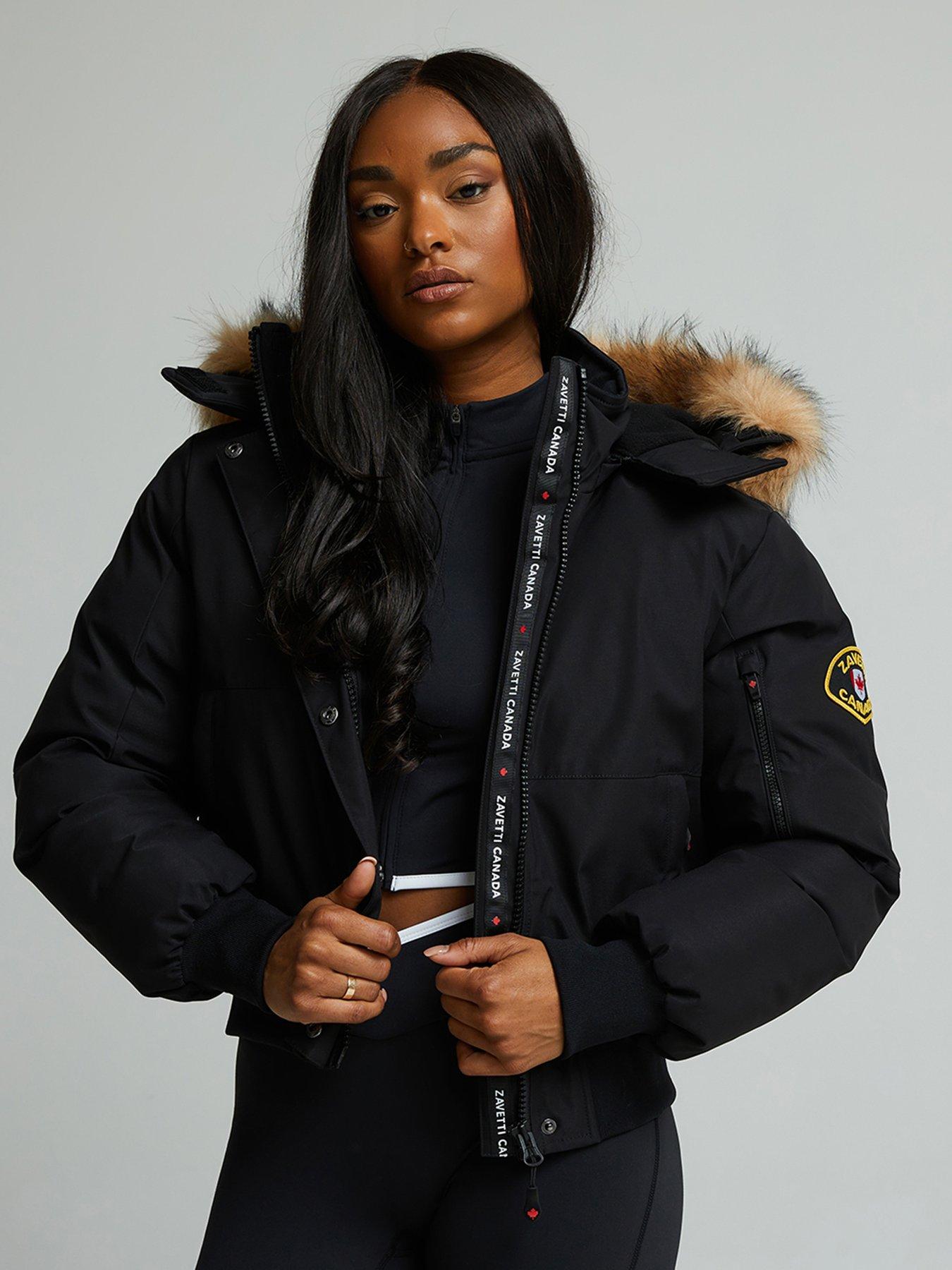Image 4 of 7 of Zavetti Canada Womens Hooded Faux-Fur Trim Padded Bomber Jacket - Black