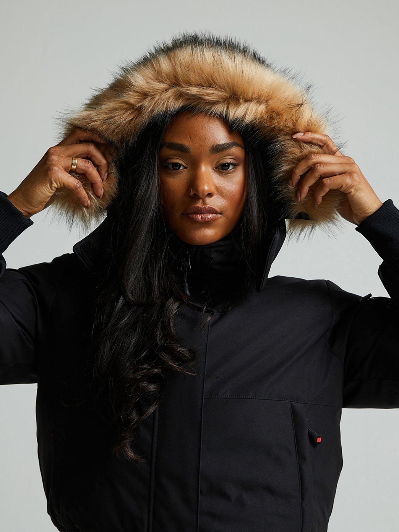 Image 6 of 7 of Zavetti Canada Womens Hooded Faux-Fur Trim Padded Bomber Jacket - Black