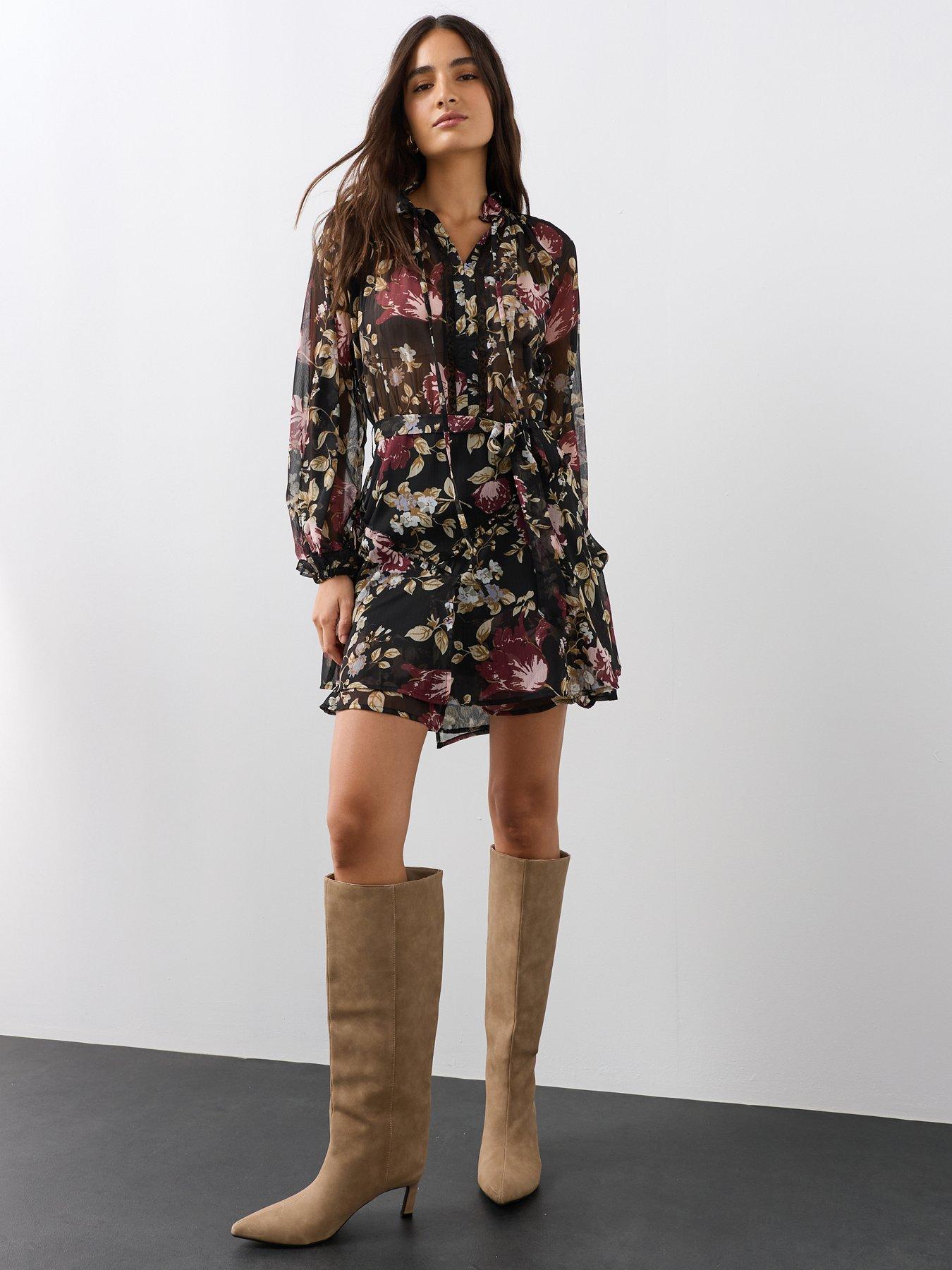 Image 1 of 7 of The Very Collection Lace Insert Tie Waist Fit And Flare Mini Dress - Floral