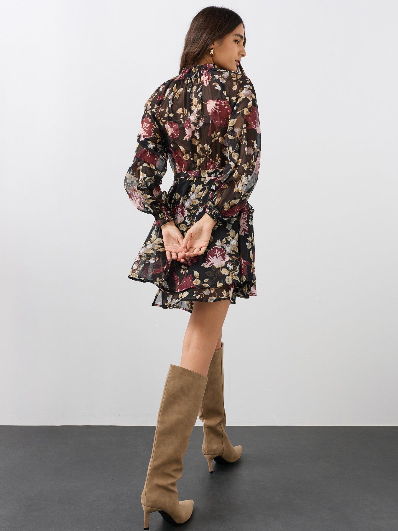 Image 2 of 7 of The Very Collection Lace Insert Tie Waist Fit And Flare Mini Dress - Floral