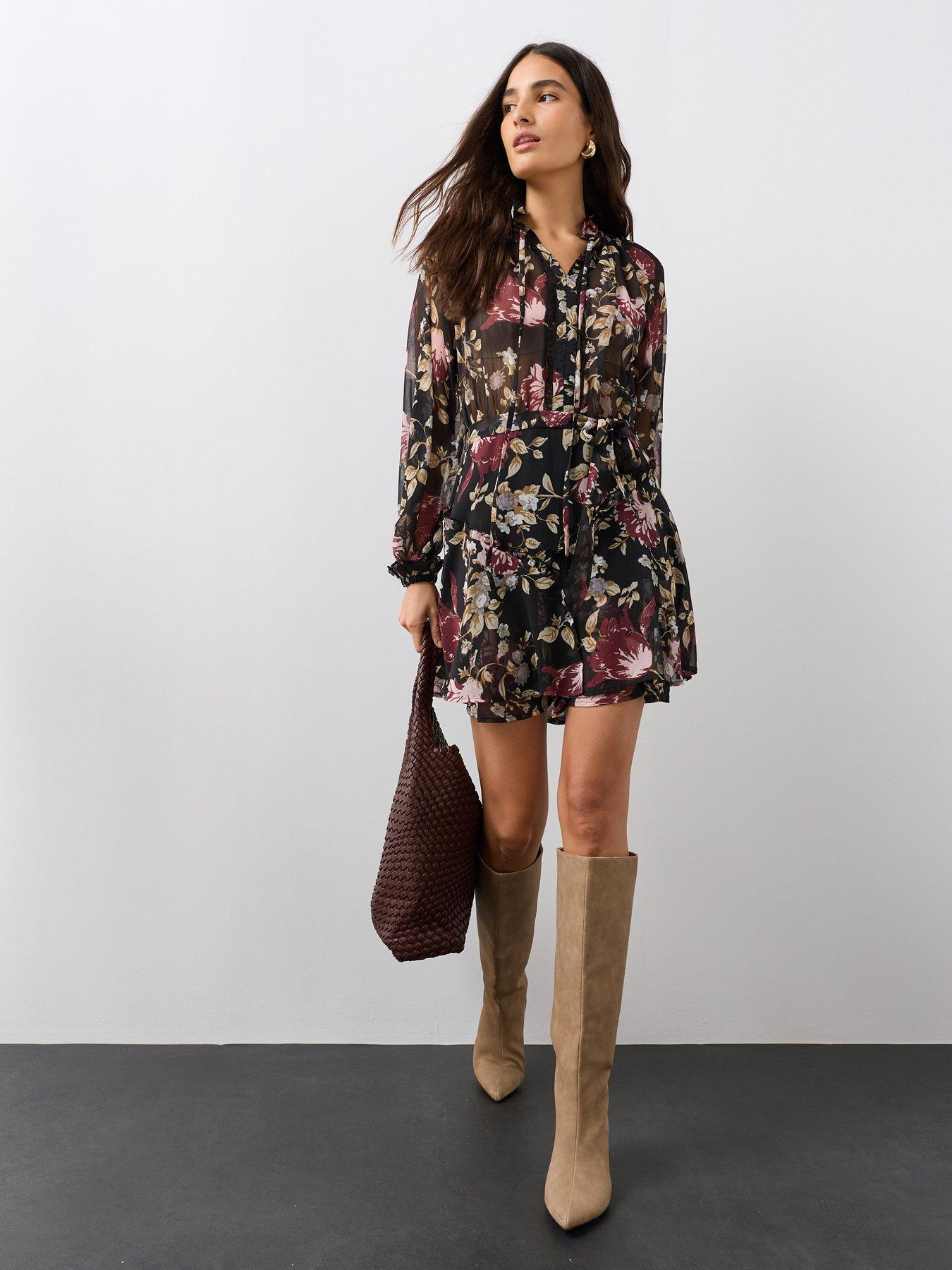 Image 3 of 7 of The Very Collection Lace Insert Tie Waist Fit And Flare Mini Dress - Floral