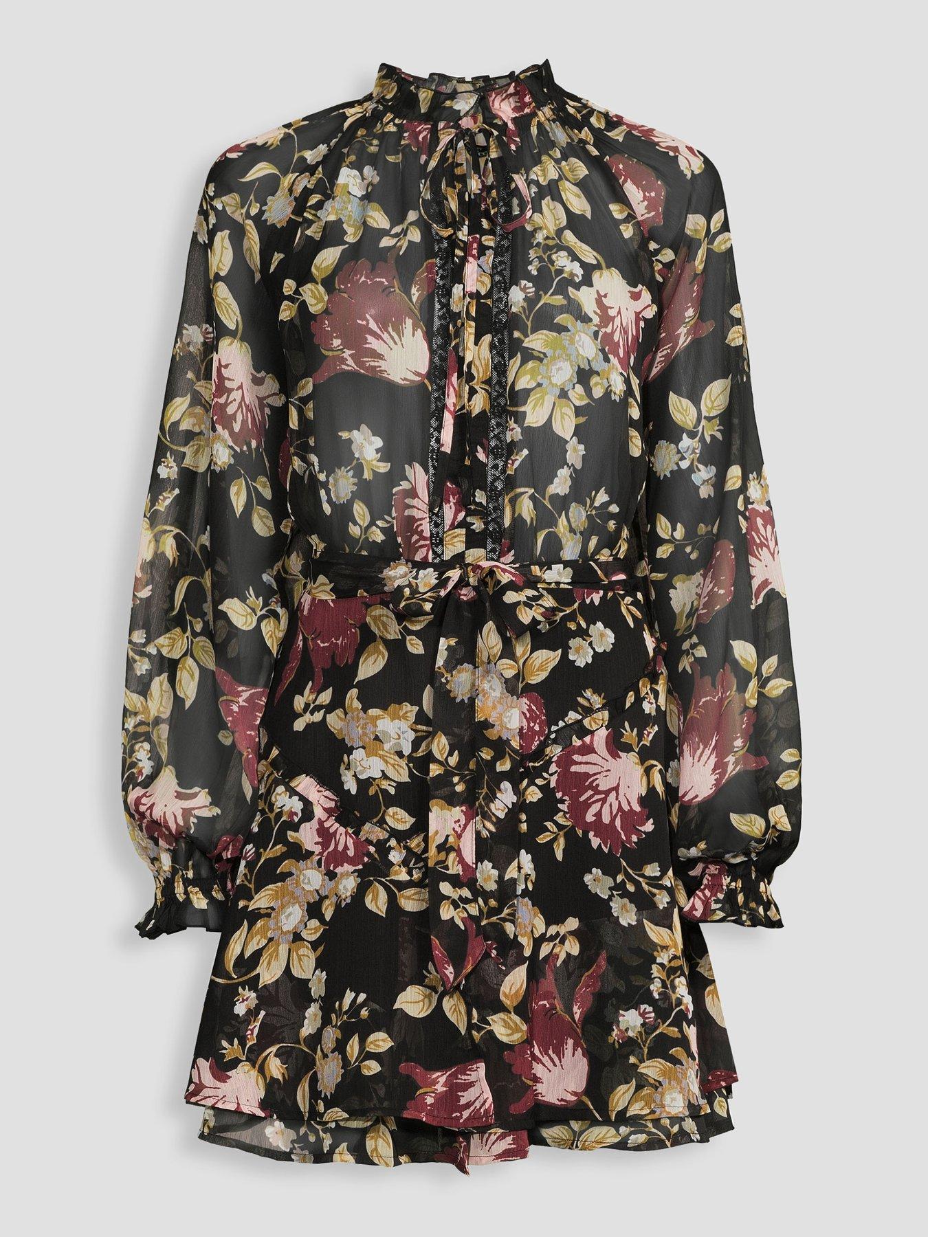 Image 7 of 7 of The Very Collection Lace Insert Tie Waist Fit And Flare Mini Dress - Floral