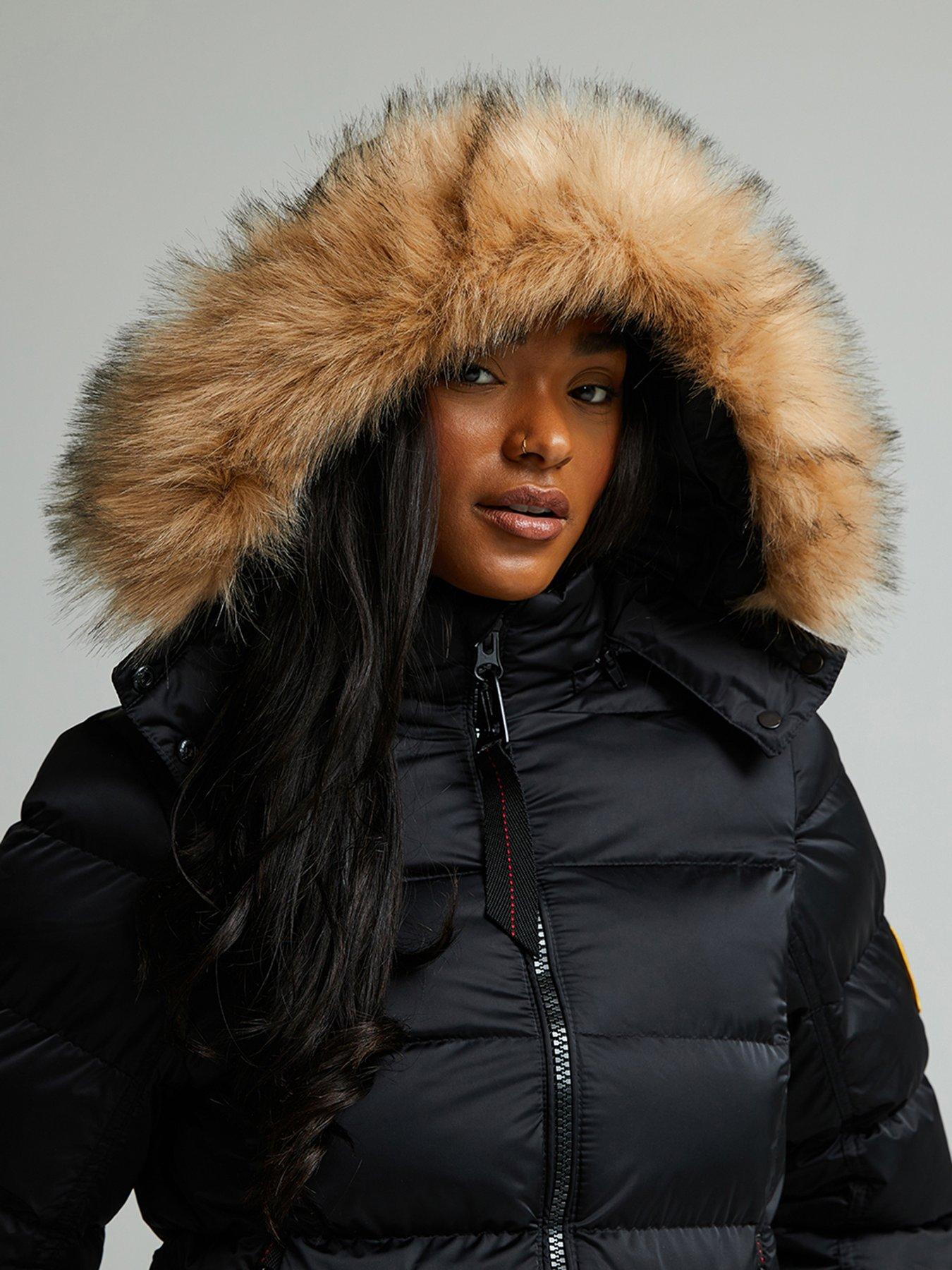 Image 5 of 7 of Zavetti Canada Womens Slimline Faux-Fur Hood Puffer Jacket - Black