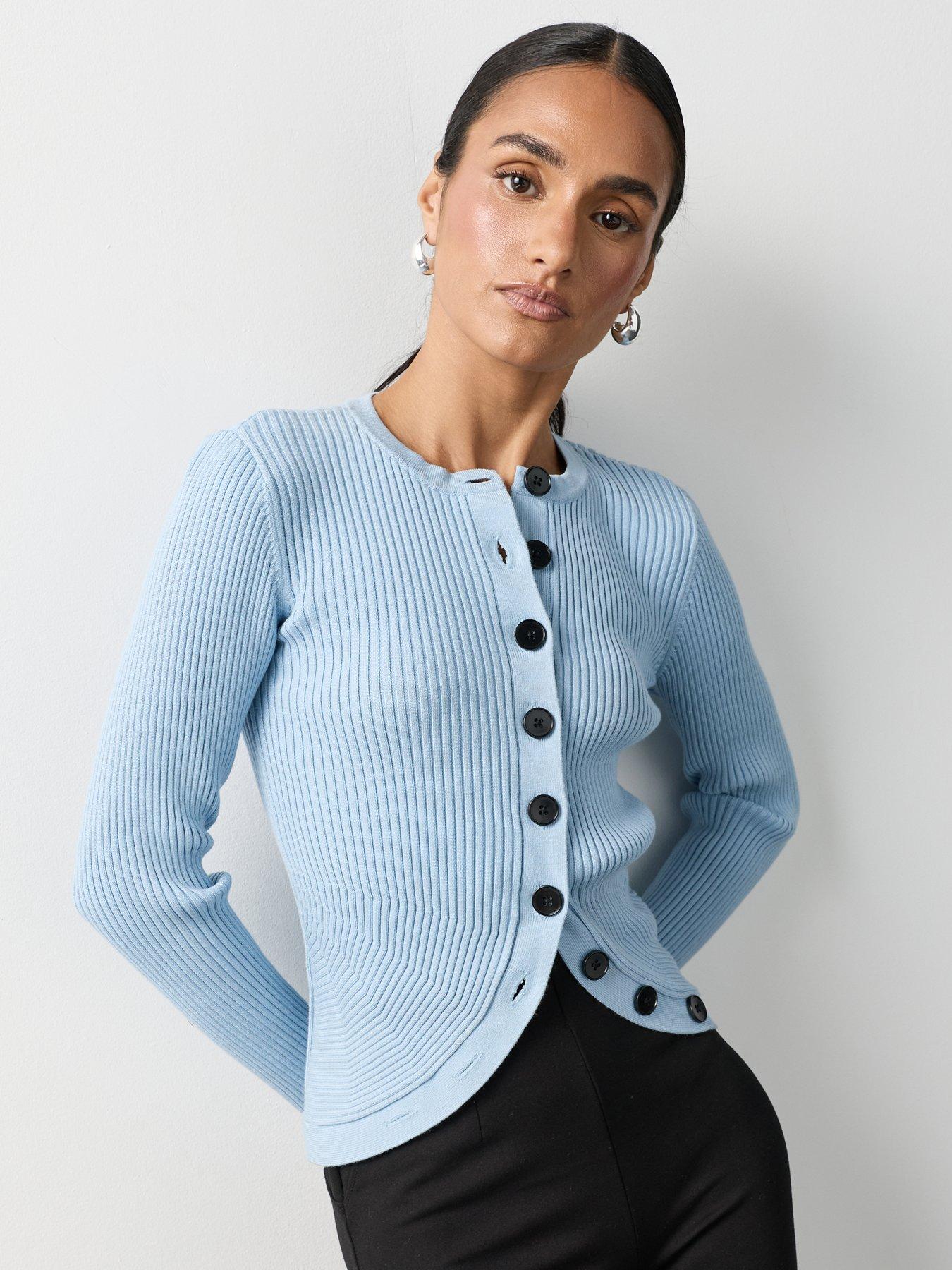 Image 4 of 7 of Michelle Keegan Ribbed Button-front Cardigan Top - Blue