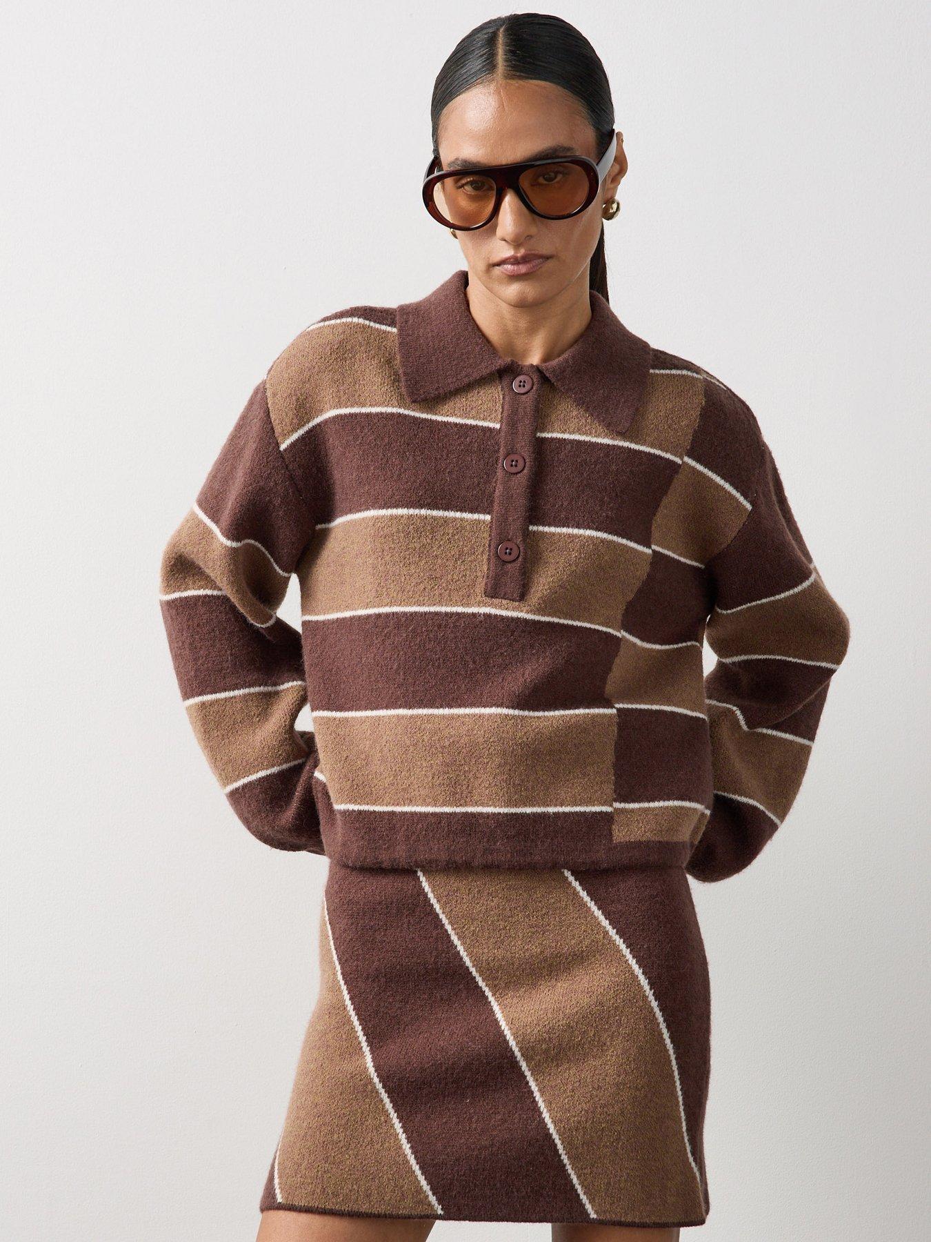 Image 1 of 7 of Michelle Keegan Striped Collared Knit Polo Co Ord - Multi