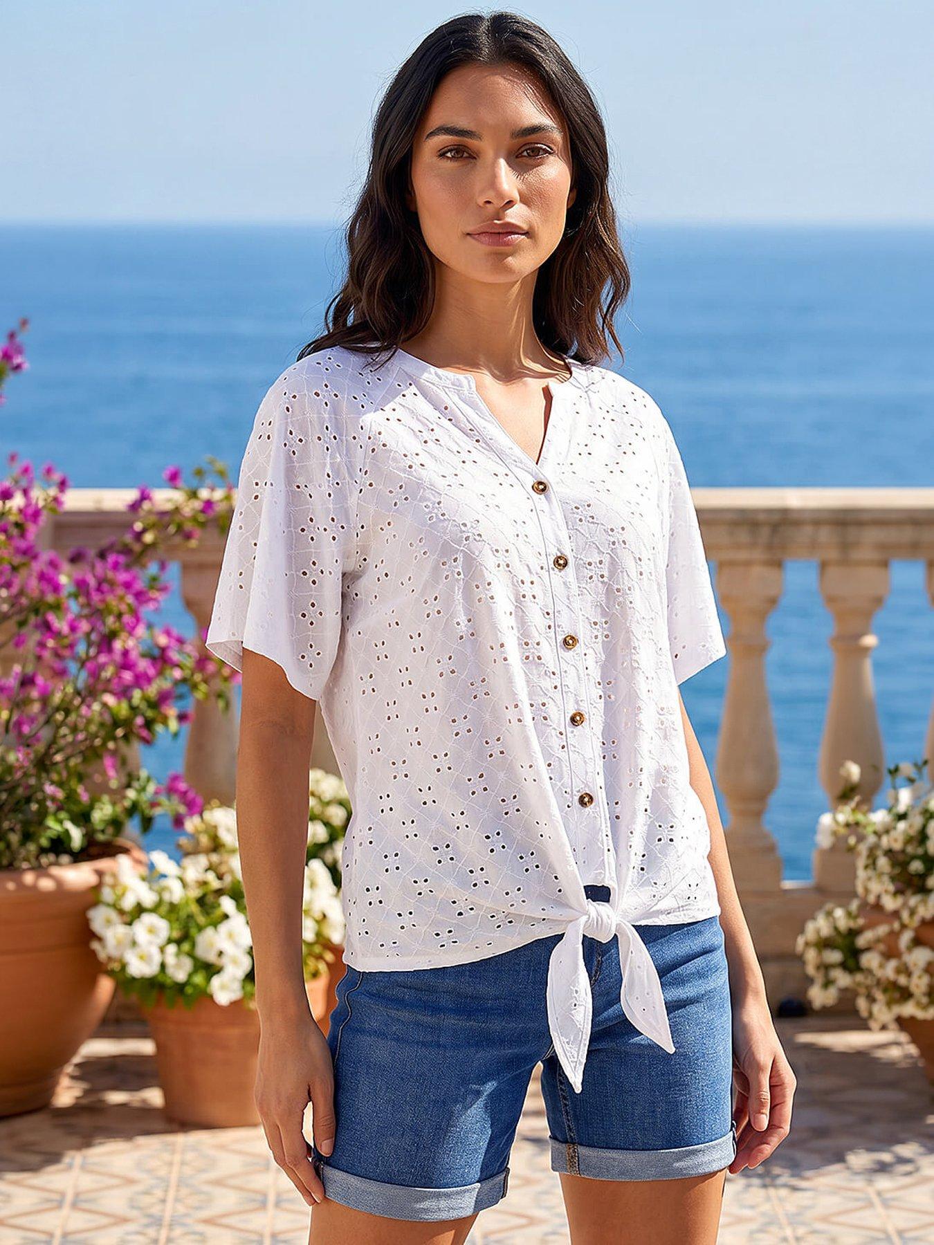 Roman Jacquard Broderie Tie Front Top