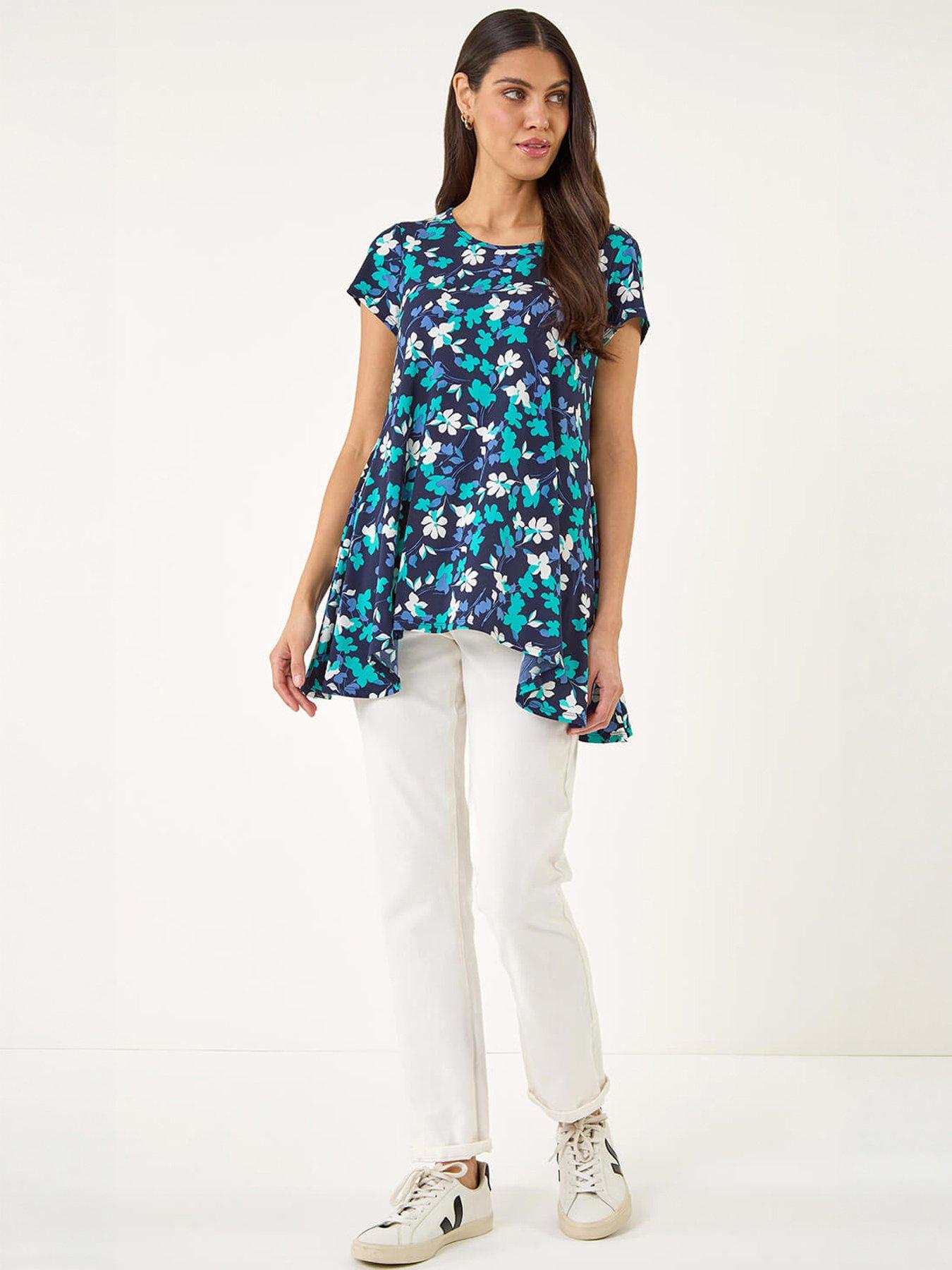 Image 3 of 5 of Roman Floral Puff Print Hanky Hem Tunic Top