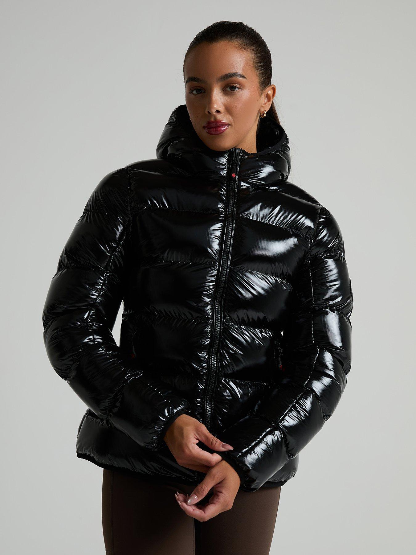 Image 1 of 6 of Zavetti Canada Womens High Shine Slimline Hooded Puffer Jacket - Black