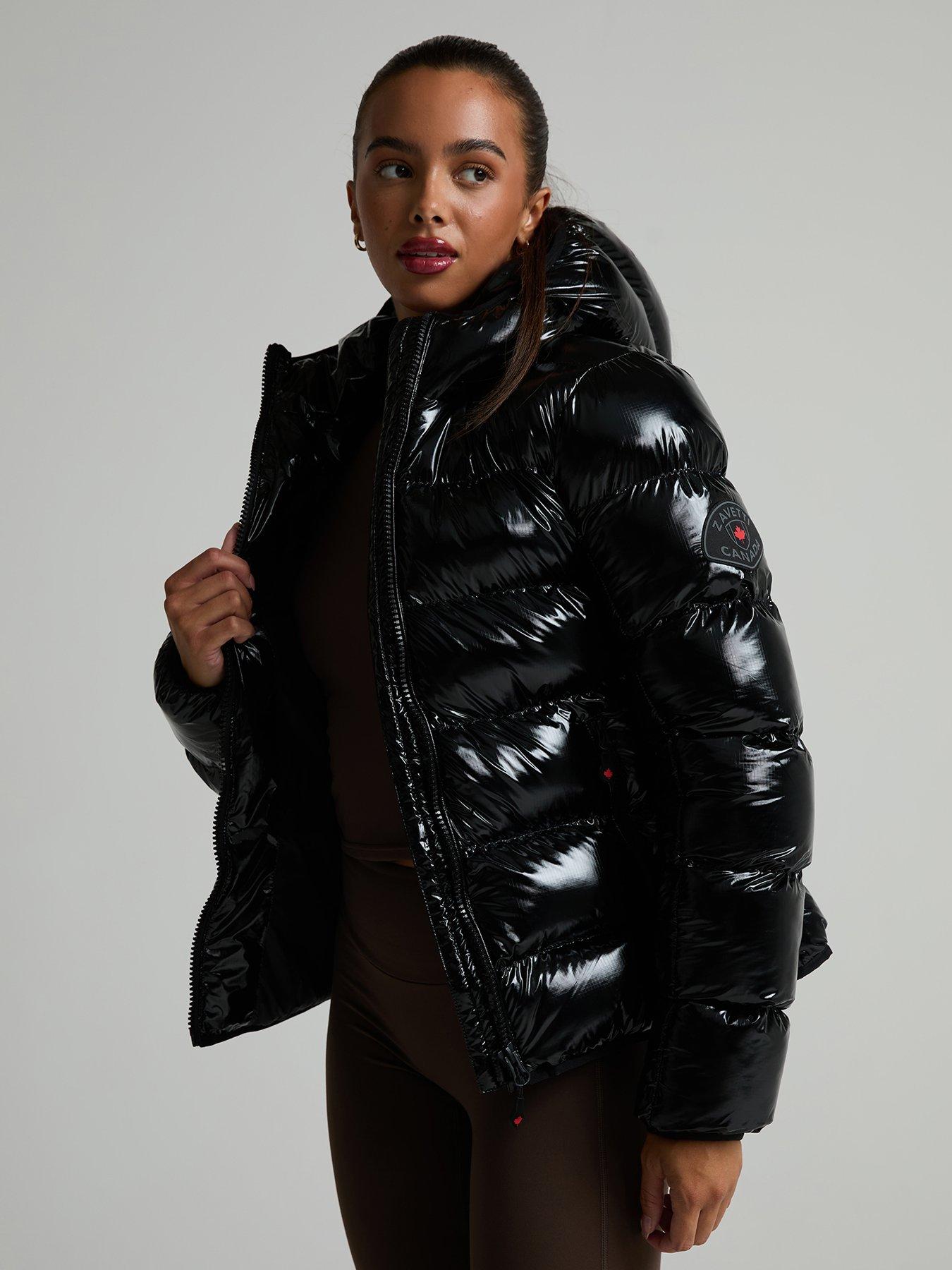 Image 4 of 6 of Zavetti Canada Womens High Shine Slimline Hooded Puffer Jacket - Black