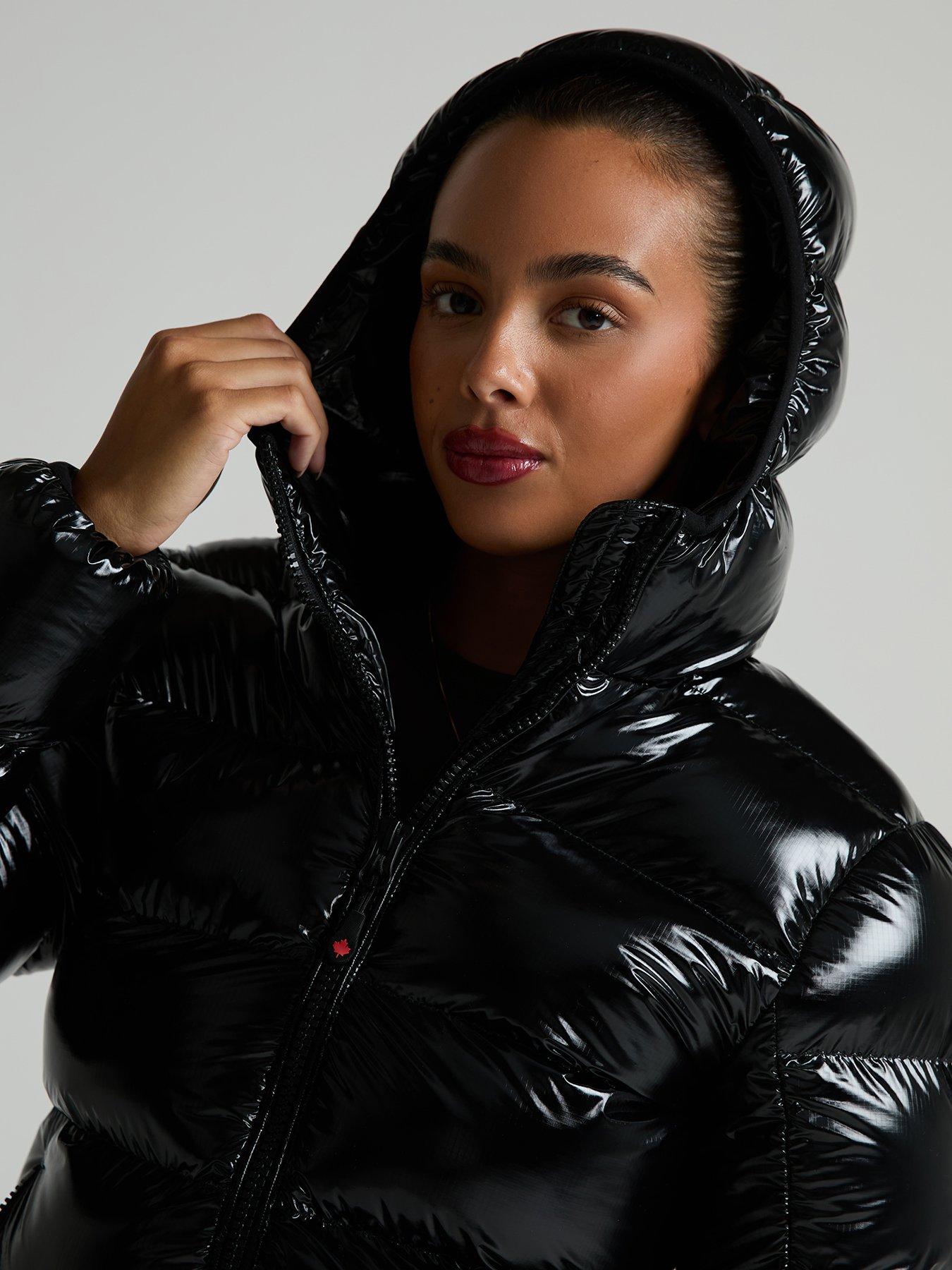 Image 6 of 6 of Zavetti Canada Womens High Shine Slimline Hooded Puffer Jacket - Black