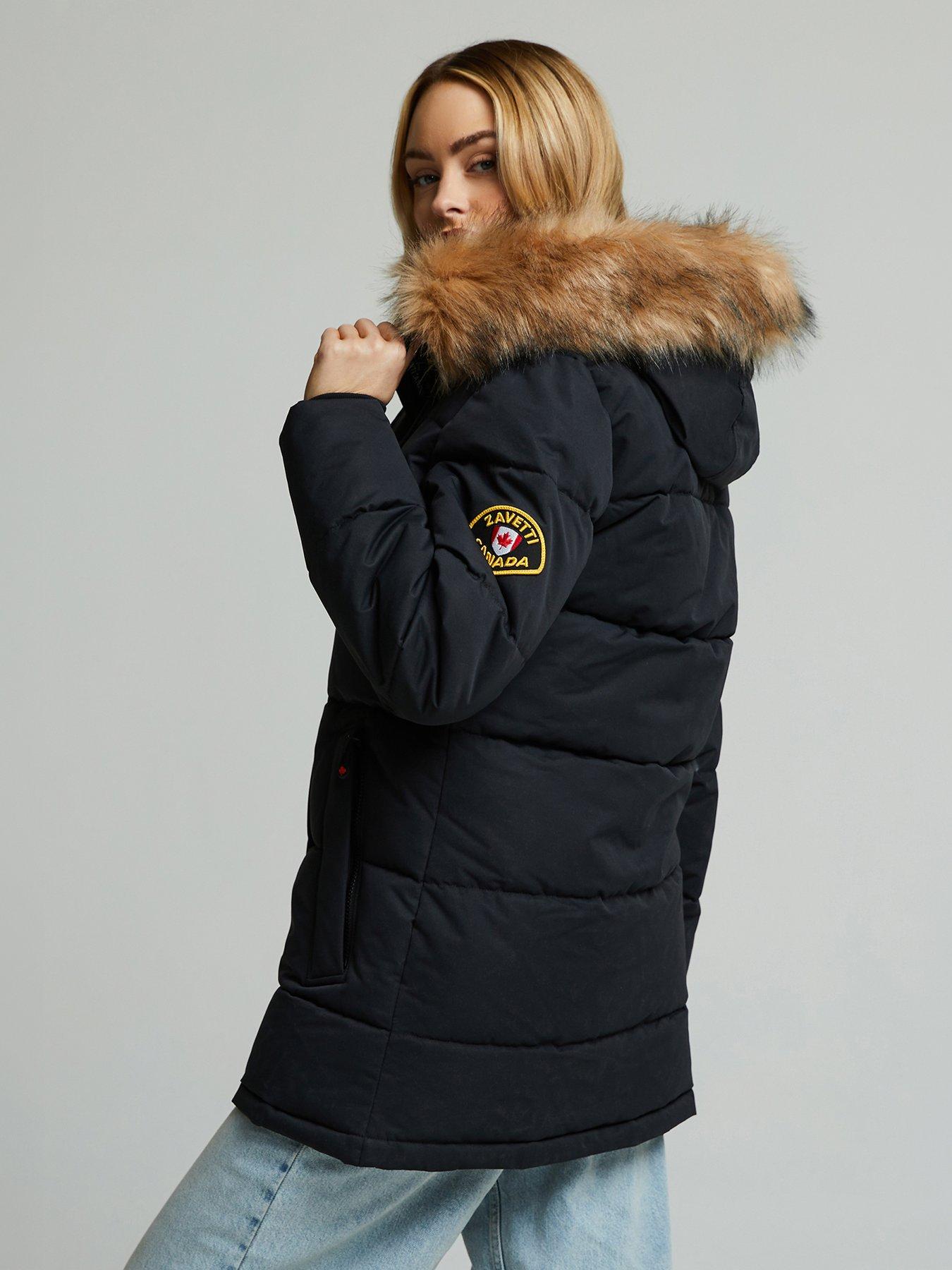 Image 2 of 4 of Zavetti Canada Womens Faux Fur Hood Longline Puffer Parka Jacket - Black