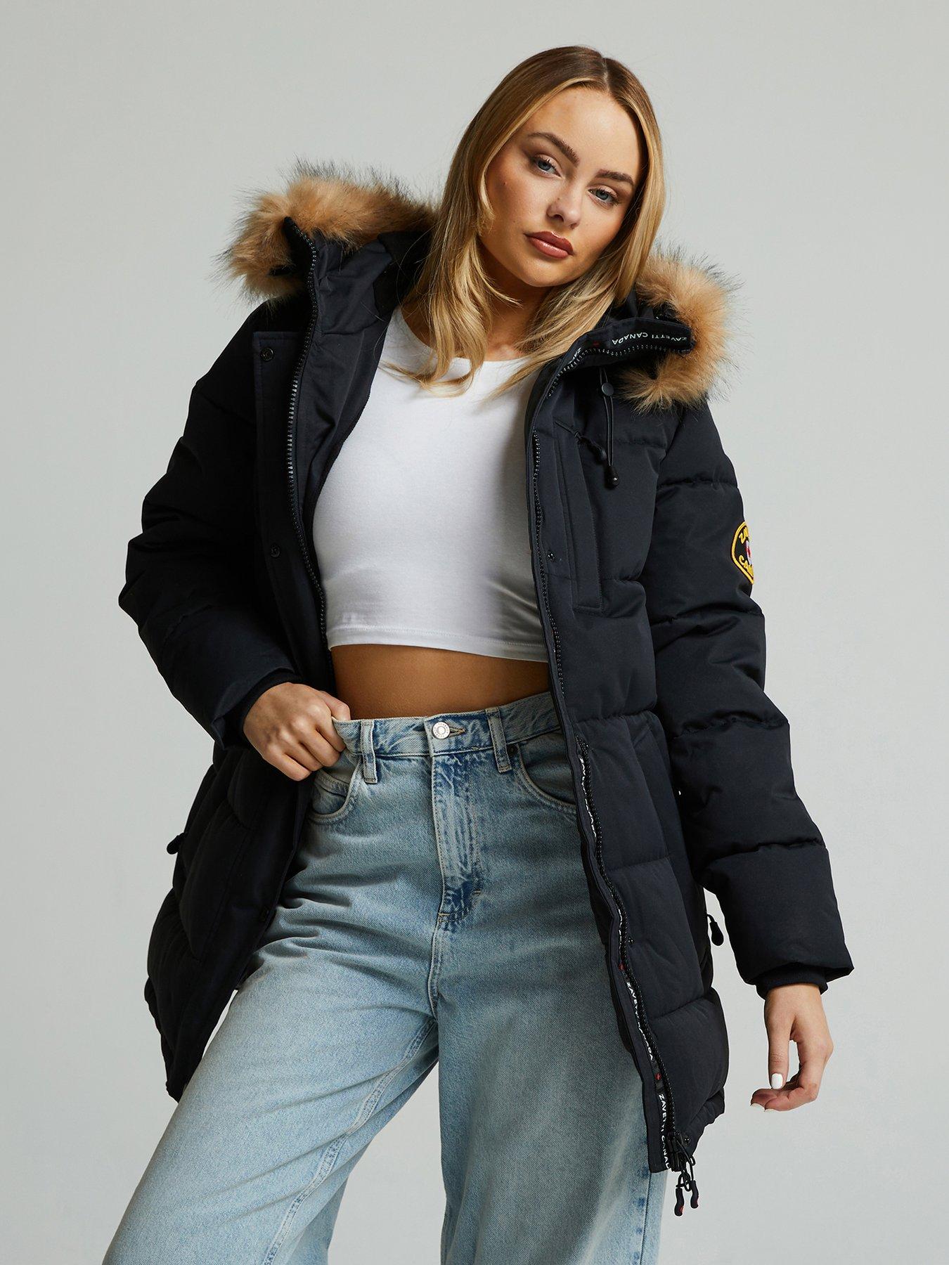 Image 3 of 4 of Zavetti Canada Womens Faux Fur Hood Longline Puffer Parka Jacket - Black