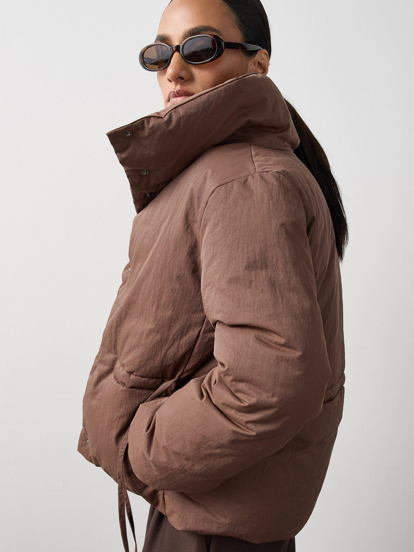 Image 1 of 6 of Michelle Keegan Funnel Neck Padded Coat - Brown