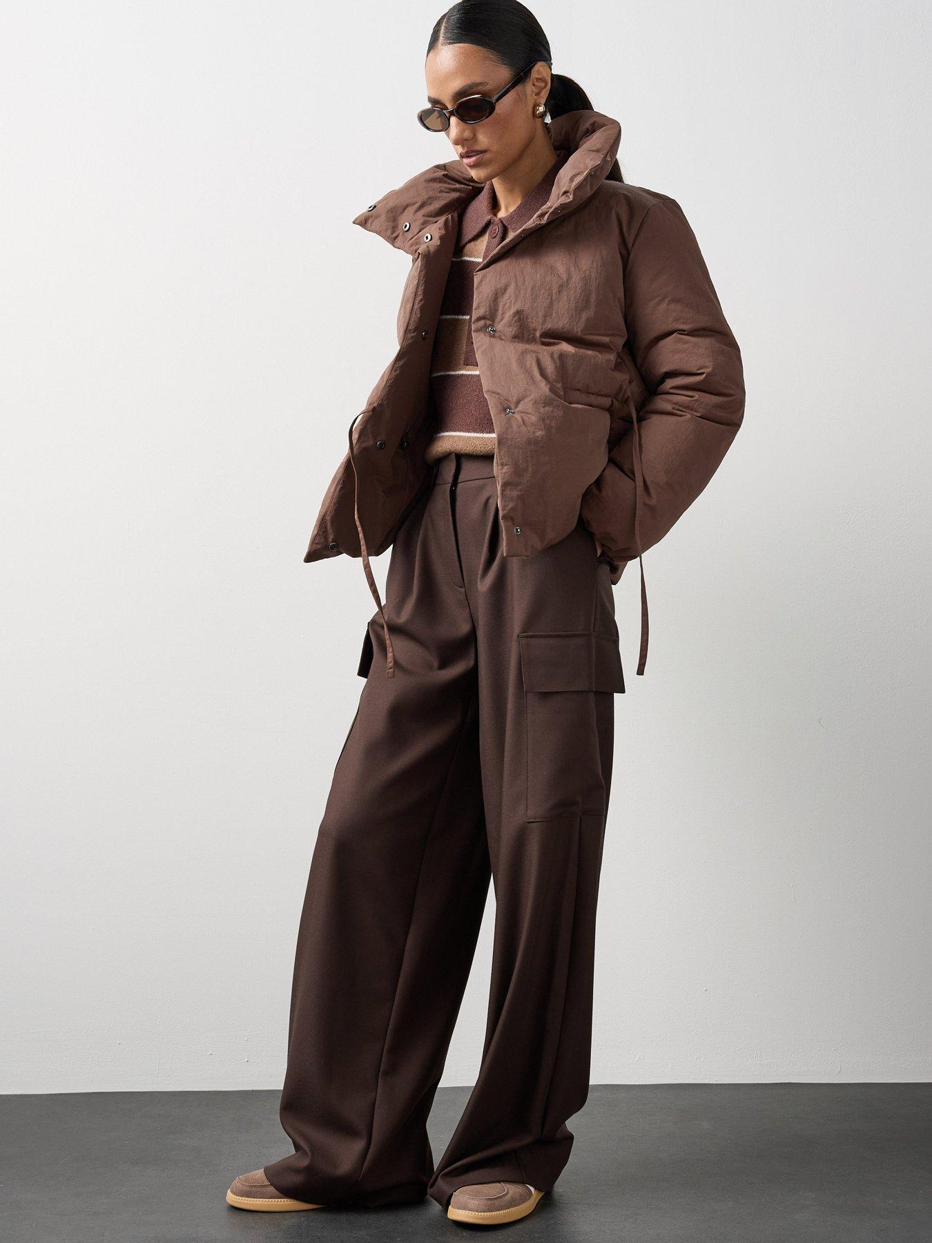Image 3 of 6 of Michelle Keegan Funnel Neck Padded Coat - Brown