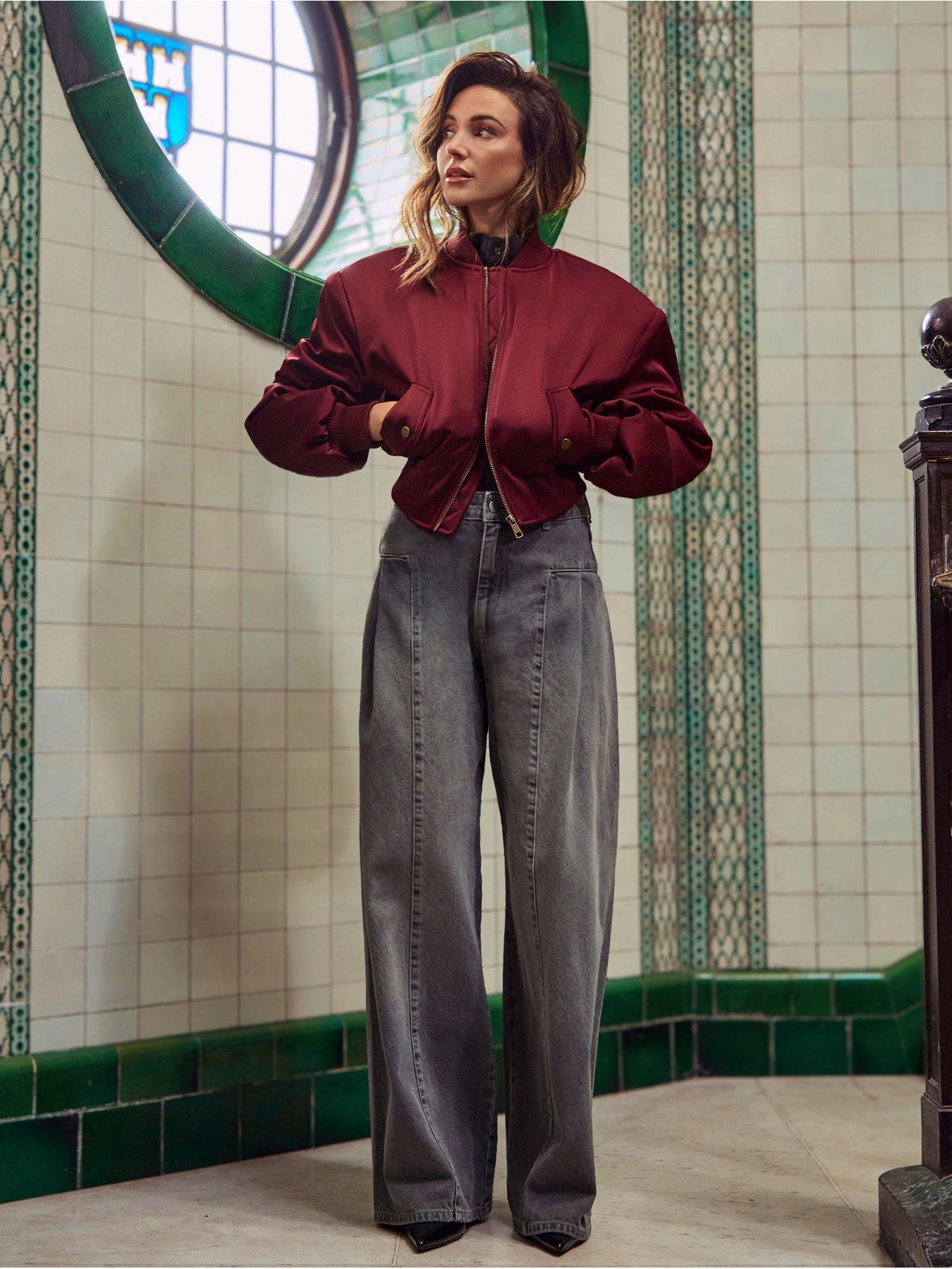 Image 1 of 7 of Michelle Keegan Structured Satin Bomber Jacket - Burgundy