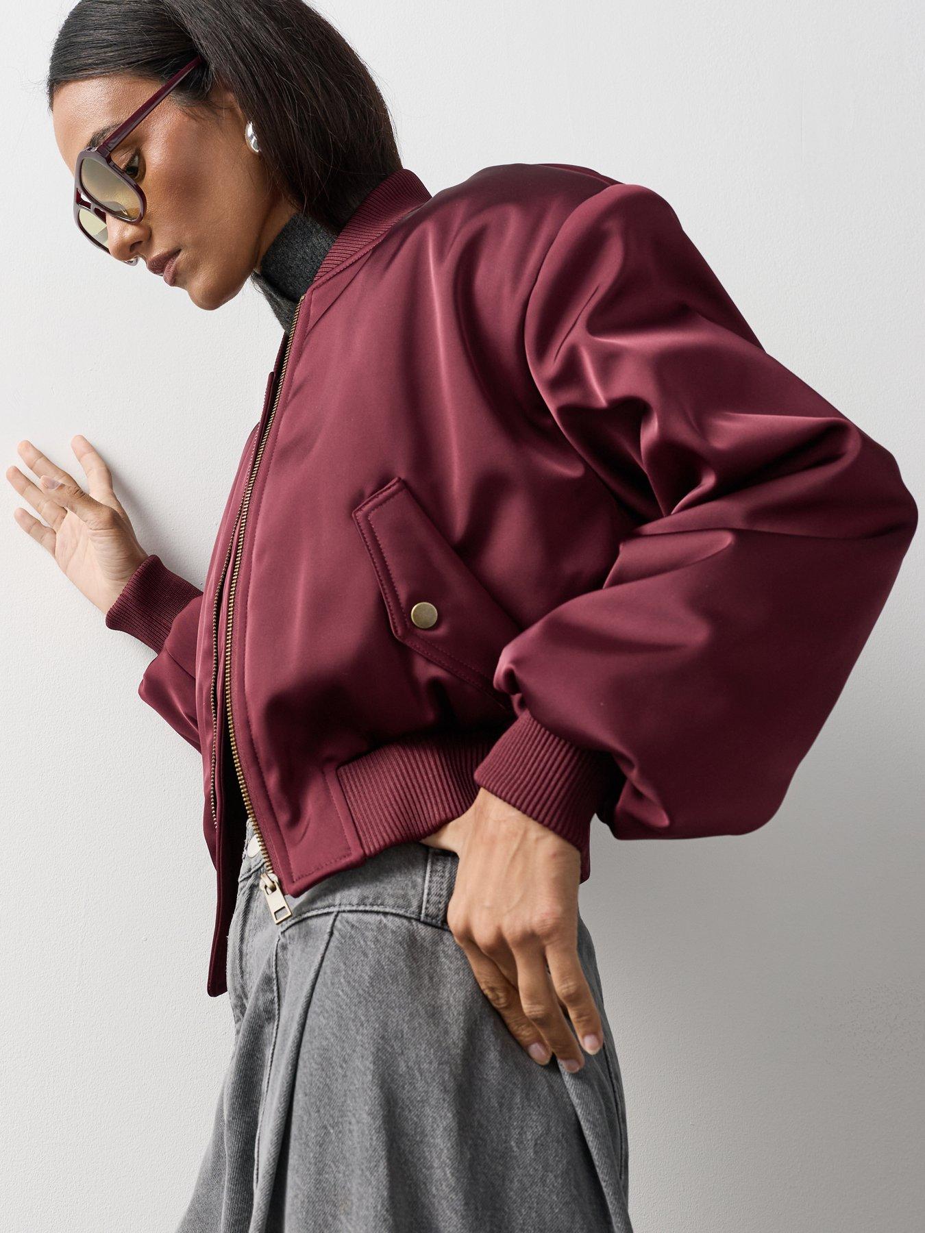 Image 4 of 7 of Michelle Keegan Structured Satin Bomber Jacket - Burgundy
