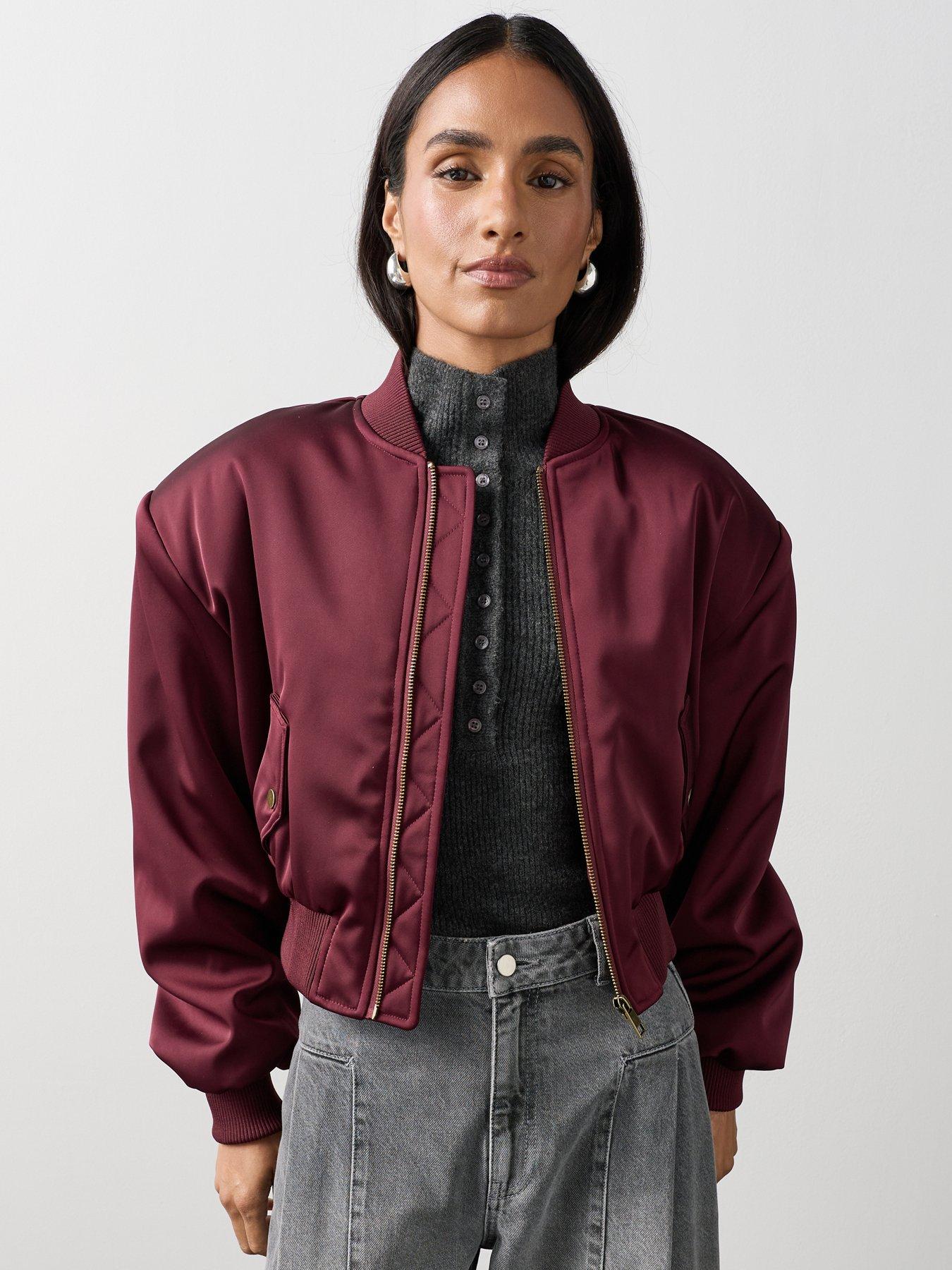 Image 6 of 7 of Michelle Keegan Structured Satin Bomber Jacket - Burgundy