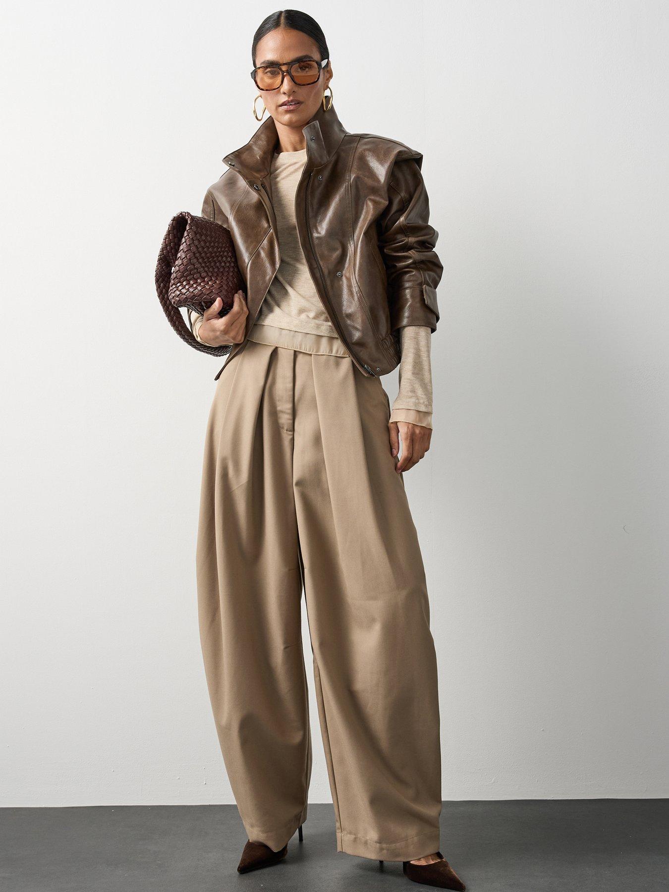 Image 1 of 7 of Michelle Keegan Faux Leather Funnel Neck Jacket - Brown