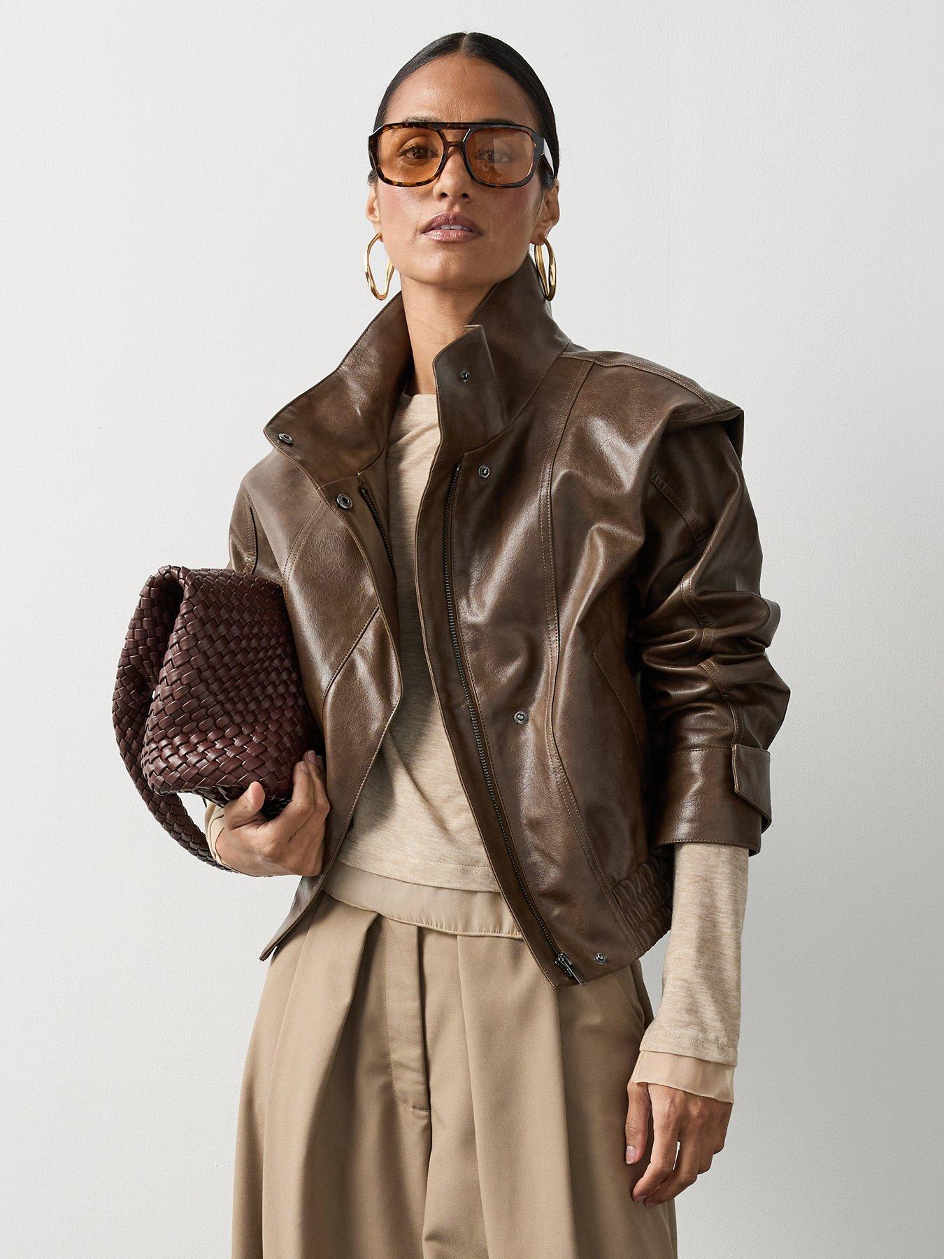 Image 5 of 7 of Michelle Keegan Faux Leather Funnel Neck Jacket - Brown