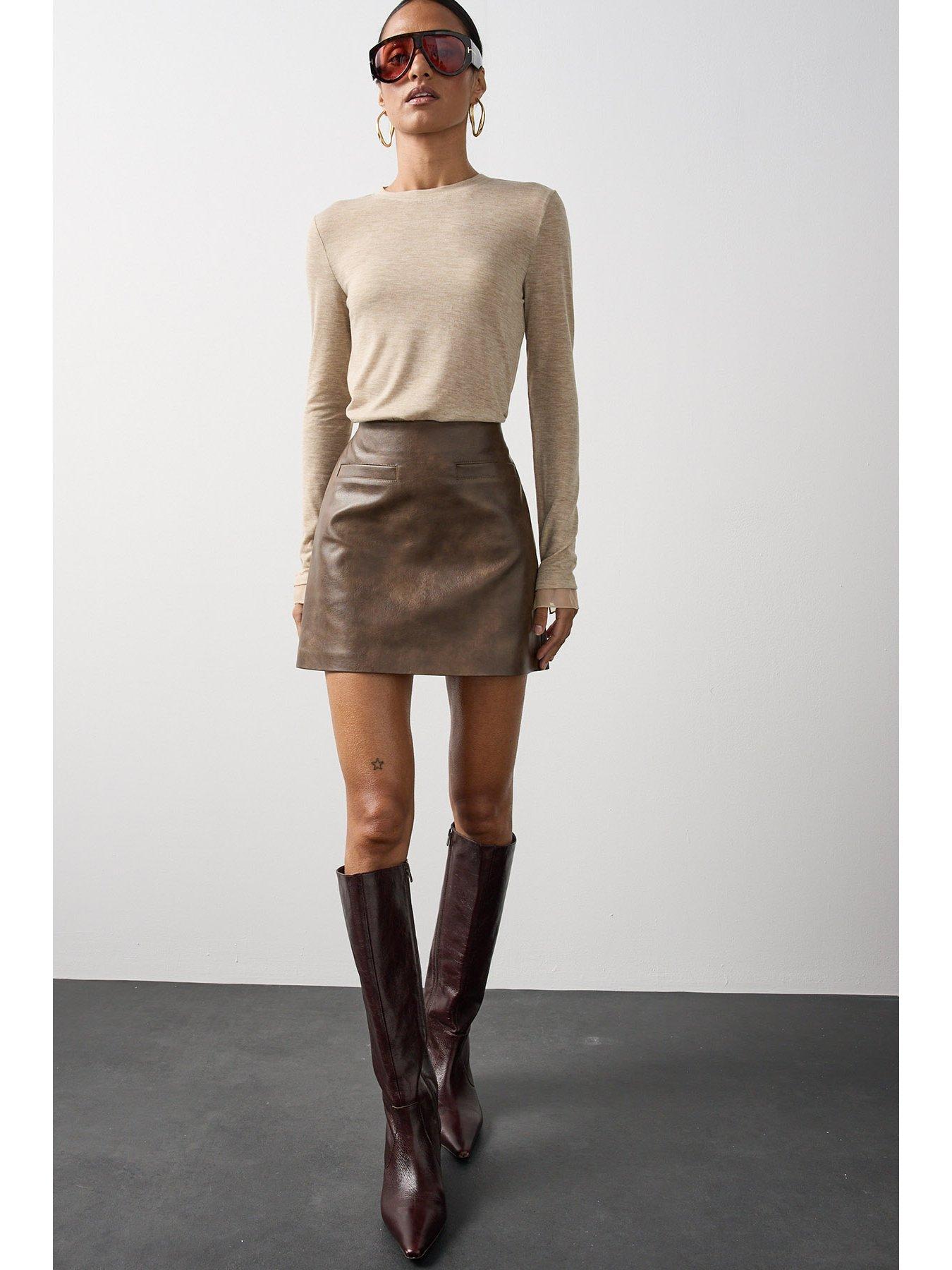 Image 3 of 7 of Michelle Keegan Faux Leather Mini Skirt - Brown