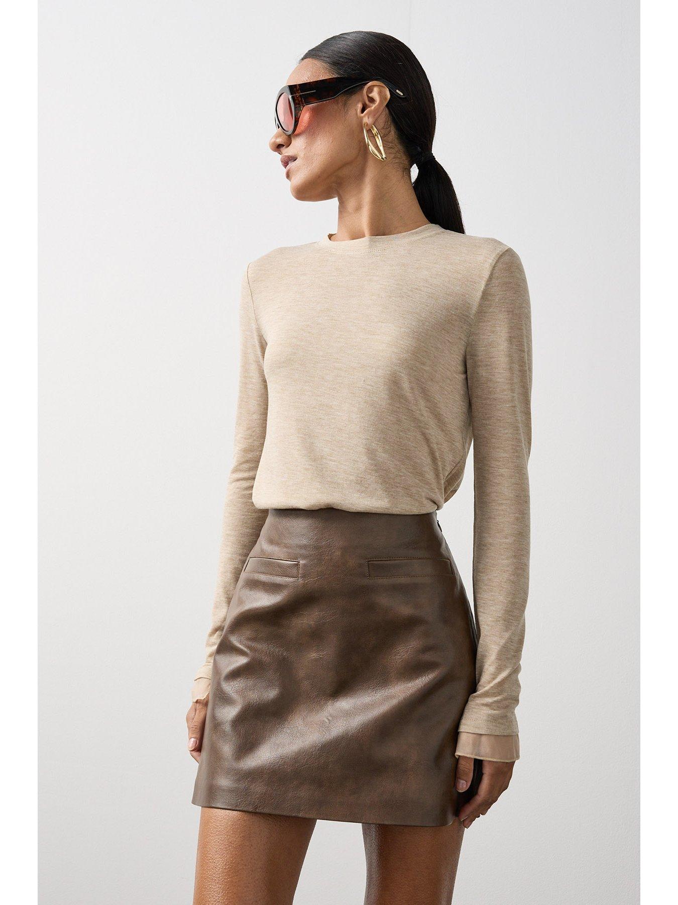 Image 5 of 7 of Michelle Keegan Faux Leather Mini Skirt - Brown