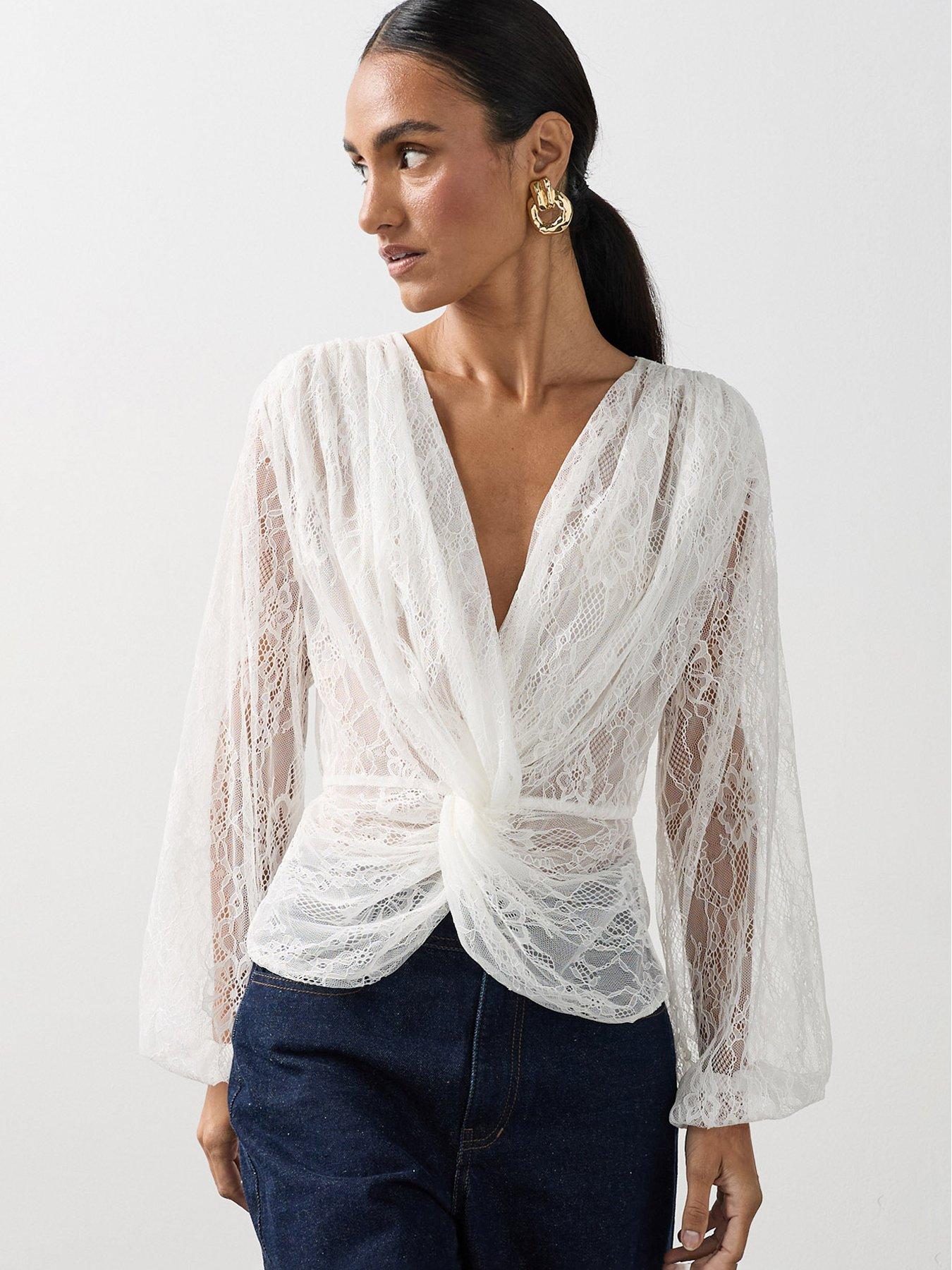 Image 1 of 7 of Michelle Keegan Lace Knotted Blouse - White