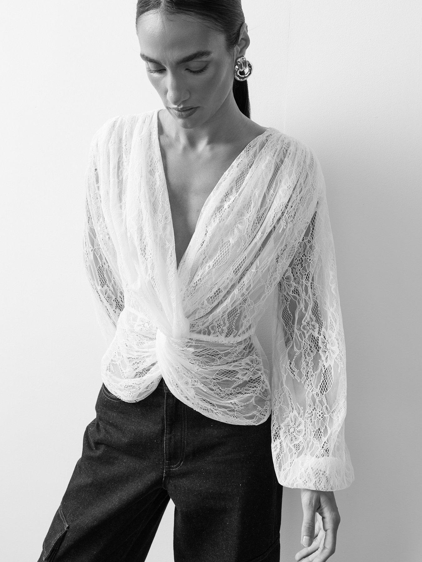 Image 4 of 7 of Michelle Keegan Lace Knotted Blouse - White