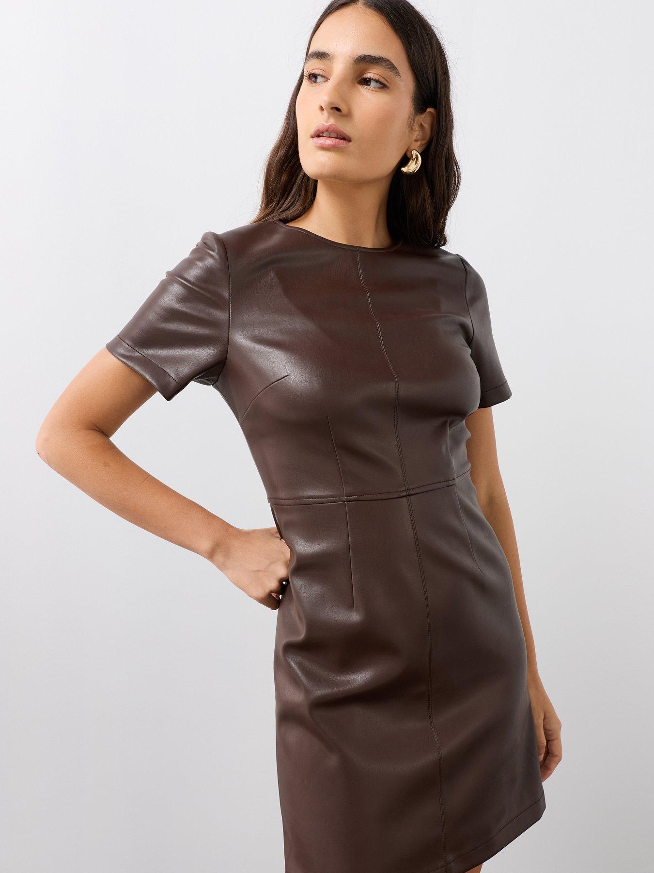 Image 5 of 7 of The Very Collection Womens&nbsp;Faux Leather Mini Shift Dress - Brown