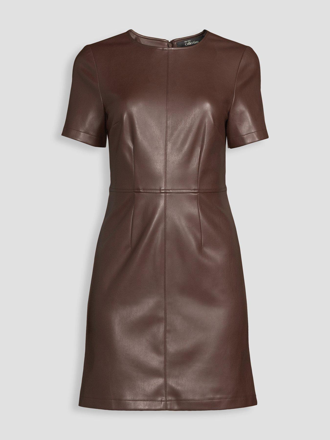 Image 7 of 7 of The Very Collection Womens&nbsp;Faux Leather Mini Shift Dress - Brown