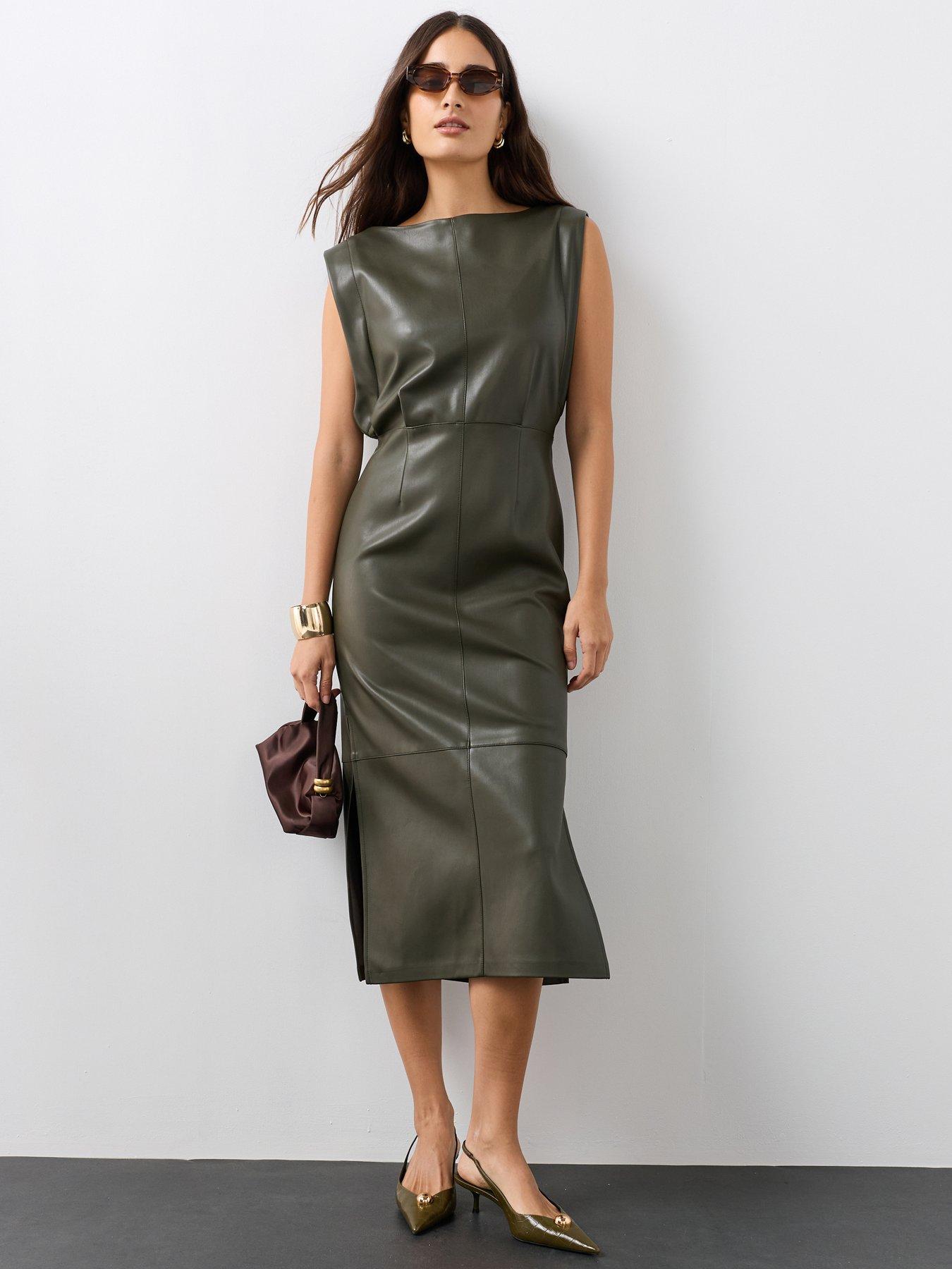 Image 1 of 7 of The Very Collection Womens Grown-On Sleeve Faux Leather Midi Dress - Green