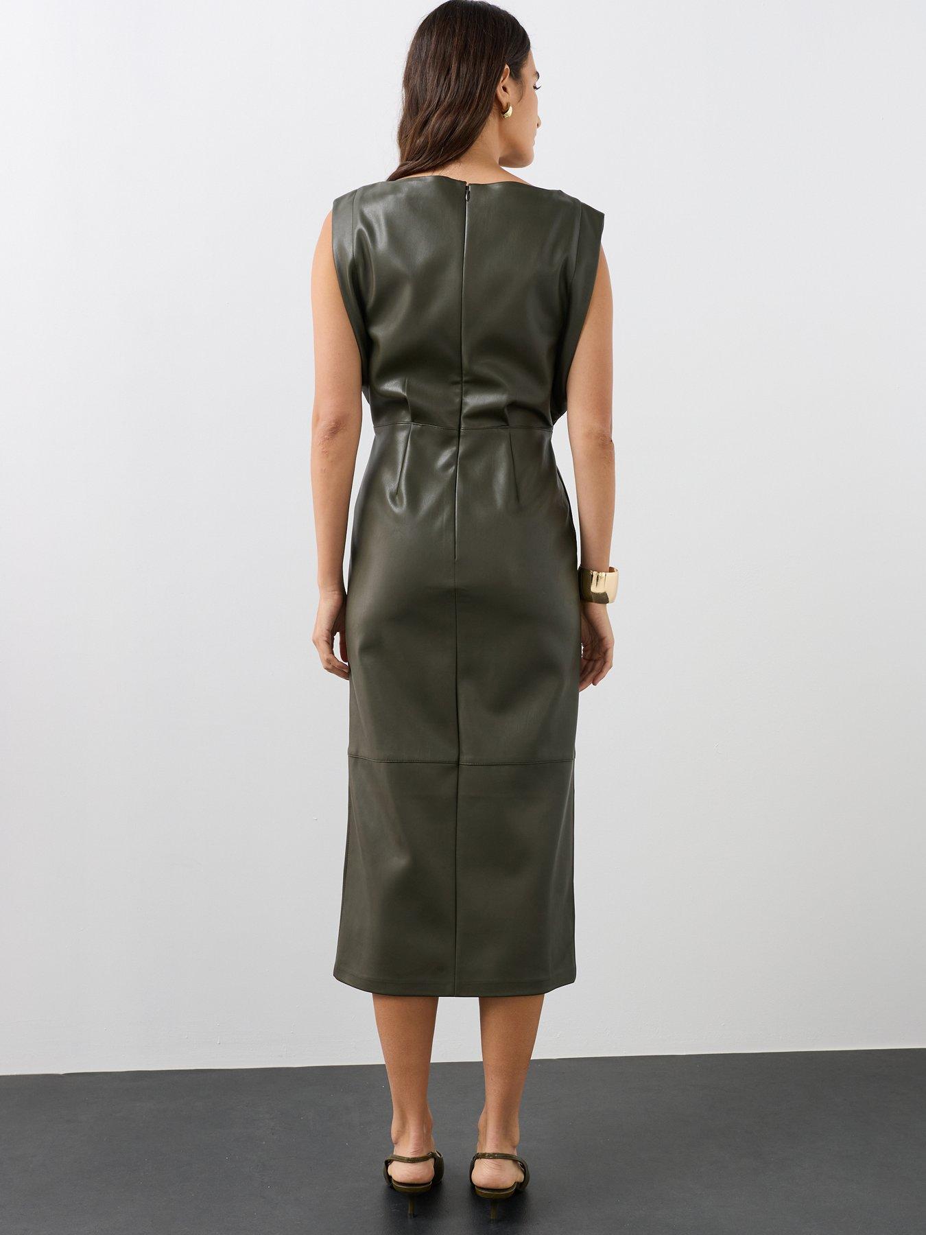 Image 2 of 7 of The Very Collection Womens Grown-On Sleeve Faux Leather Midi Dress - Green