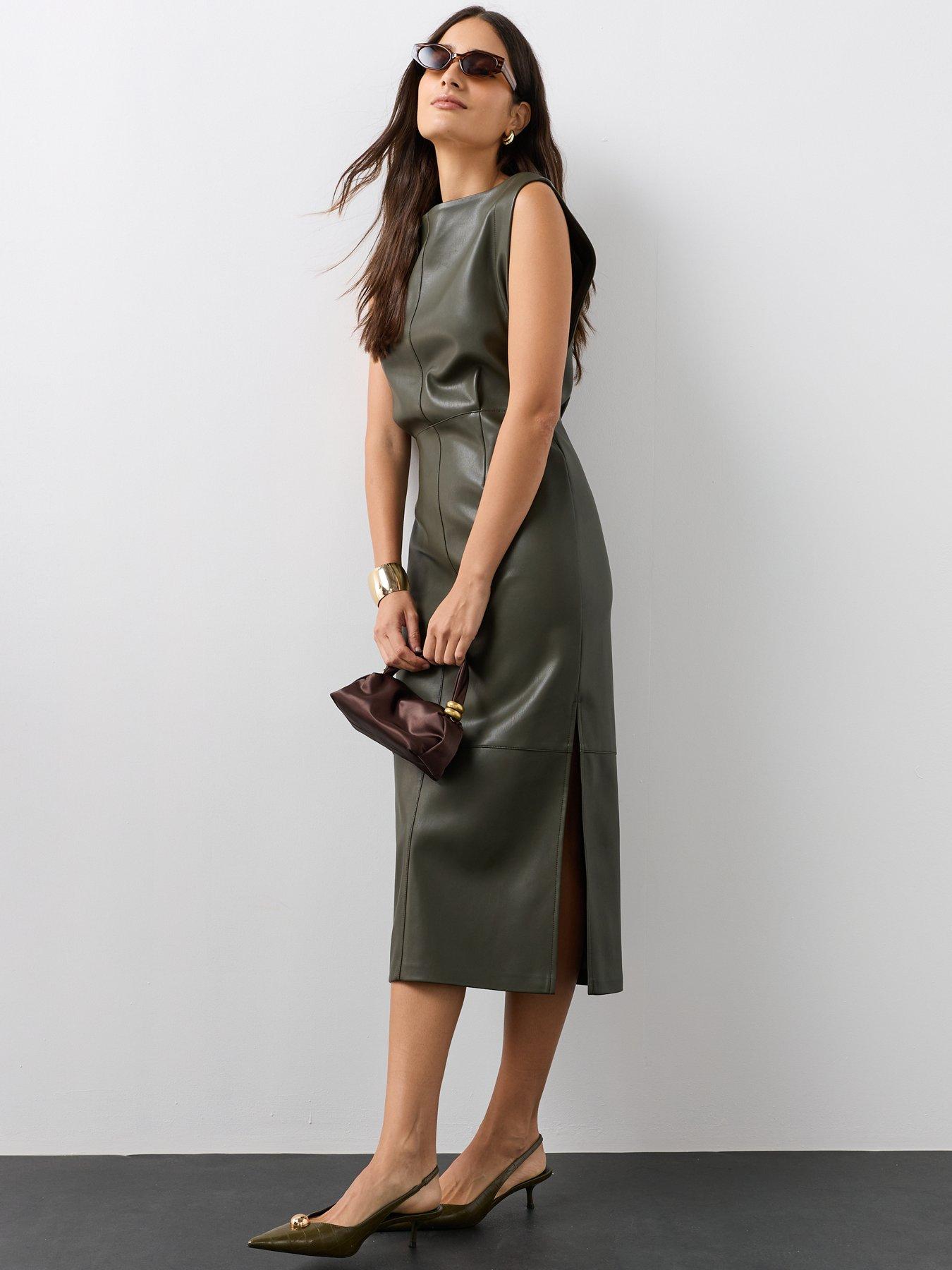Image 3 of 7 of The Very Collection Womens Grown-On Sleeve Faux Leather Midi Dress - Green