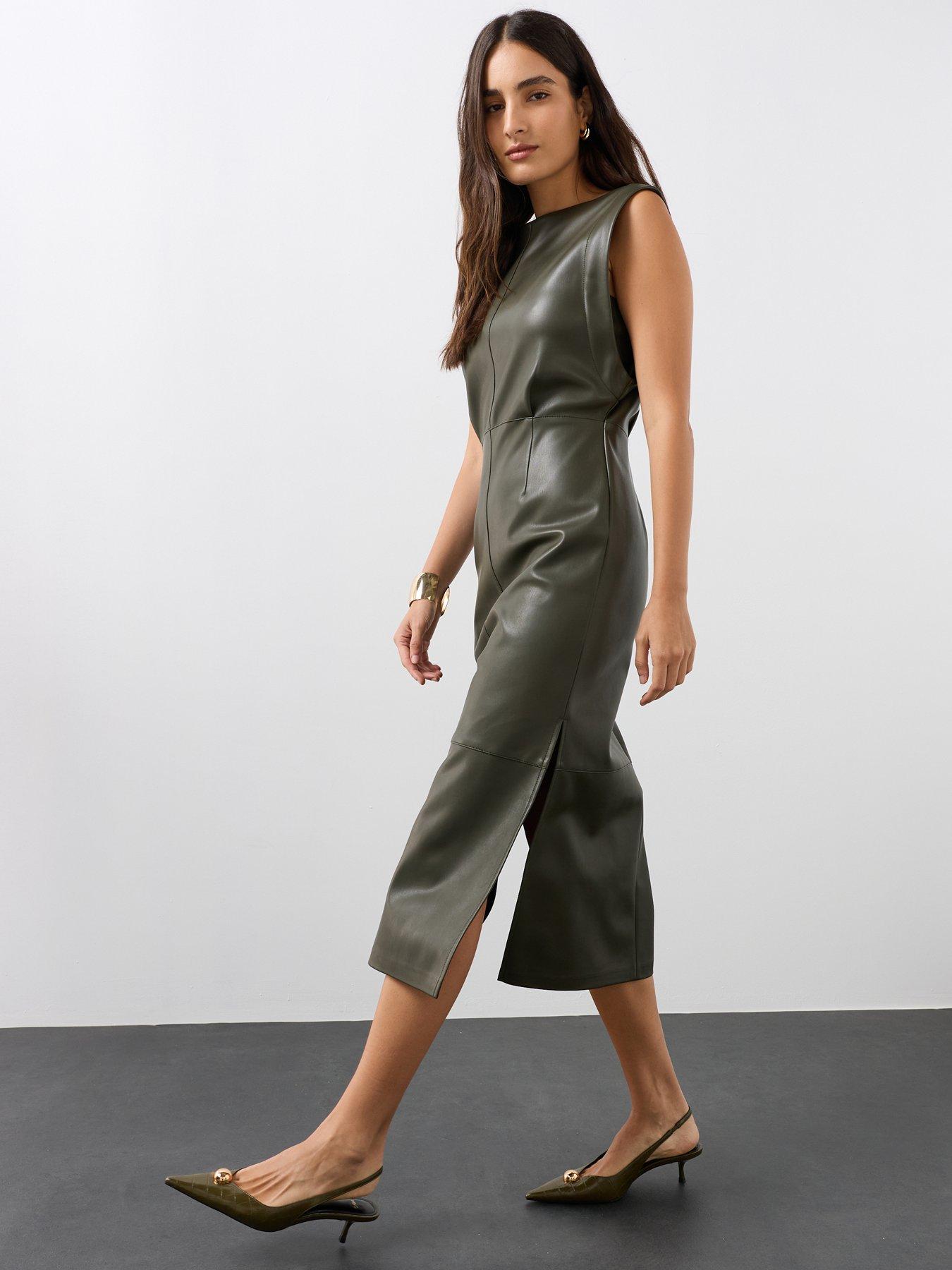 Image 4 of 7 of The Very Collection Womens Grown-On Sleeve Faux Leather Midi Dress - Green