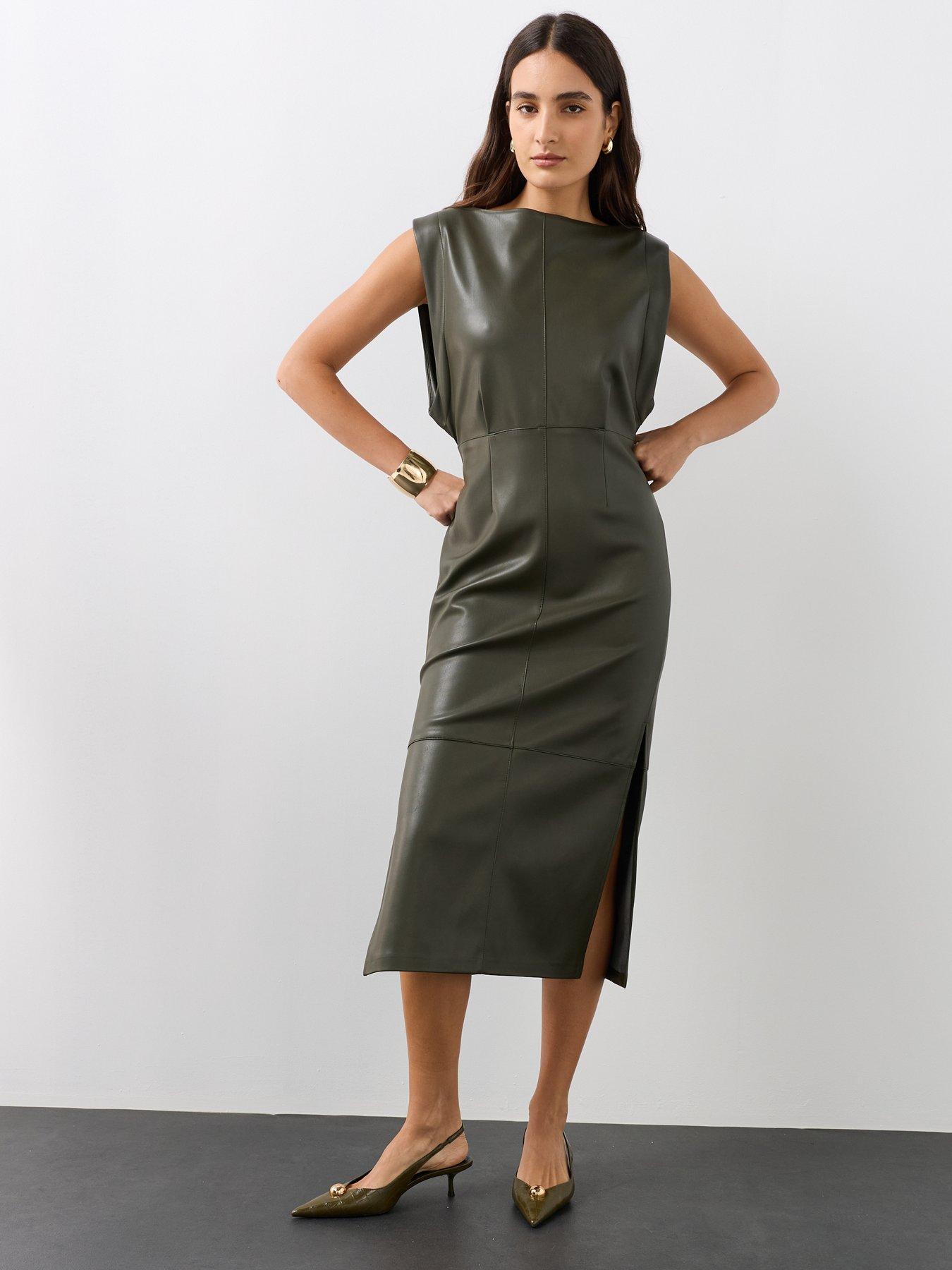 Image 5 of 7 of The Very Collection Womens Grown-On Sleeve Faux Leather Midi Dress - Green