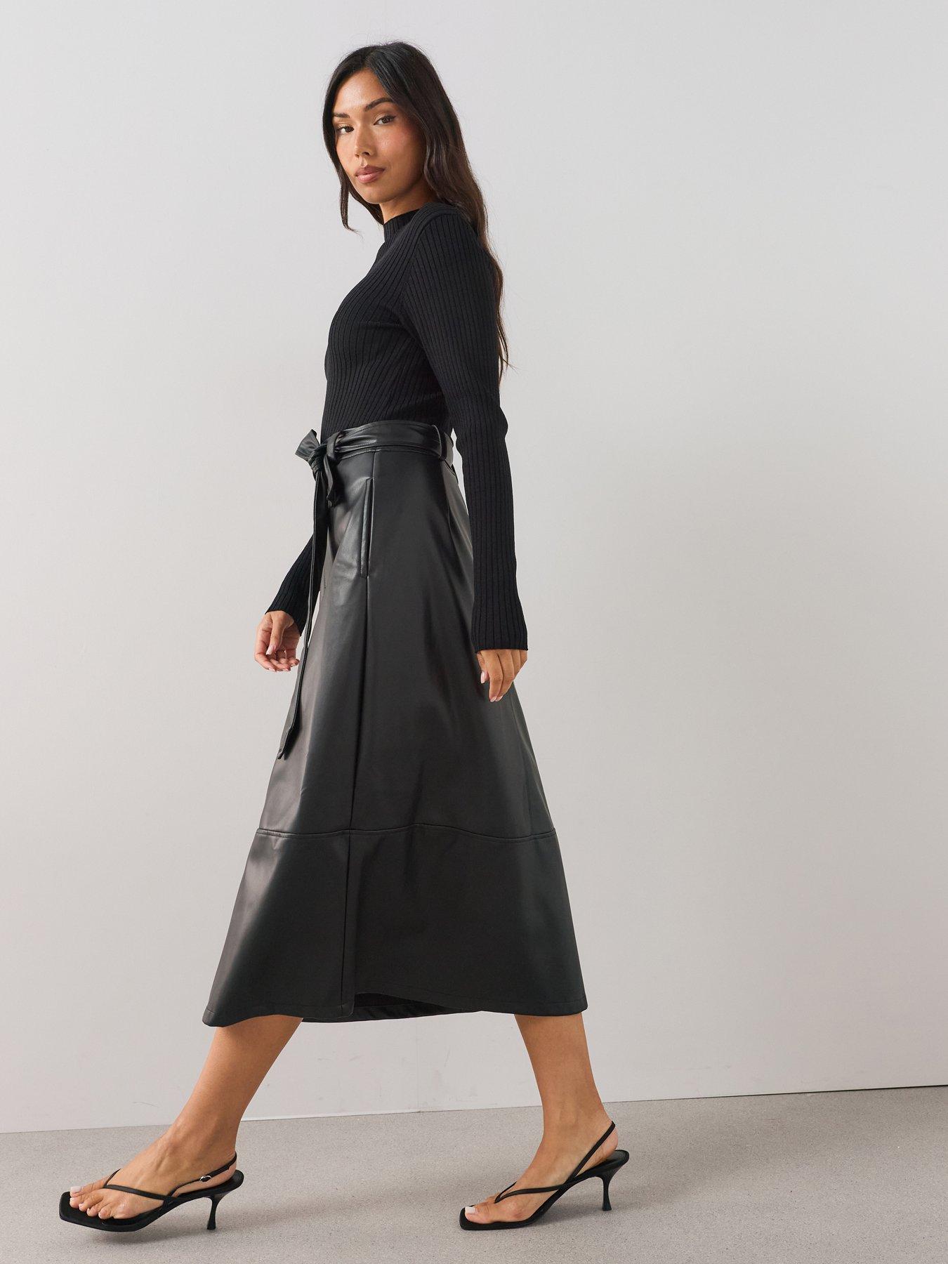 Image 1 of 6 of The Very Collection Womens 2-in-1 Ribbed Faux Leather-Look Midi Dress - Black